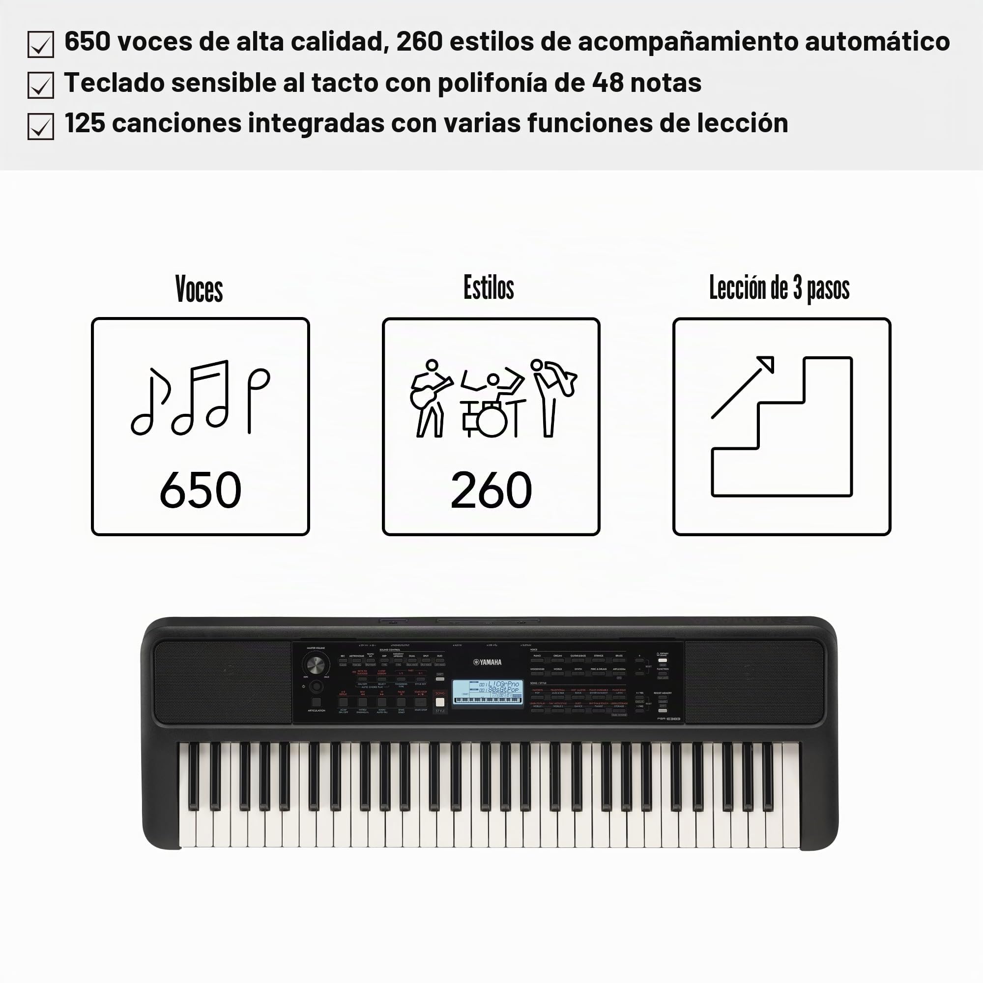 Yamaha PSR-E383 Teclado portátil para principiantes, 650 voces de instrumentos auténticos y teclas sensibles al tacto con polifonía de 48 notas, incluye 2 lecciones en línea con un profesor de escuela