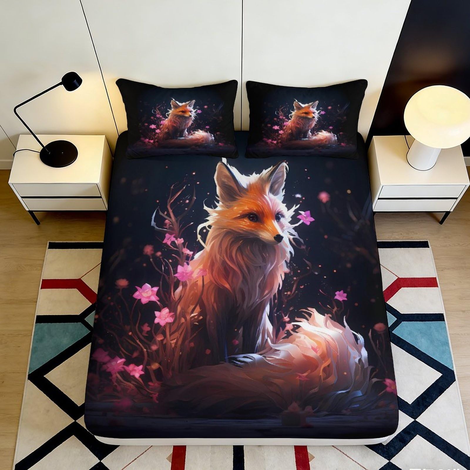3D Printed Fox Deep Pocket Fitted Sheet Microfiber Non-Slip Bedroom Bedding Fox Mattress Fitted Cover Washable Mattress Protection 140x200x25cm