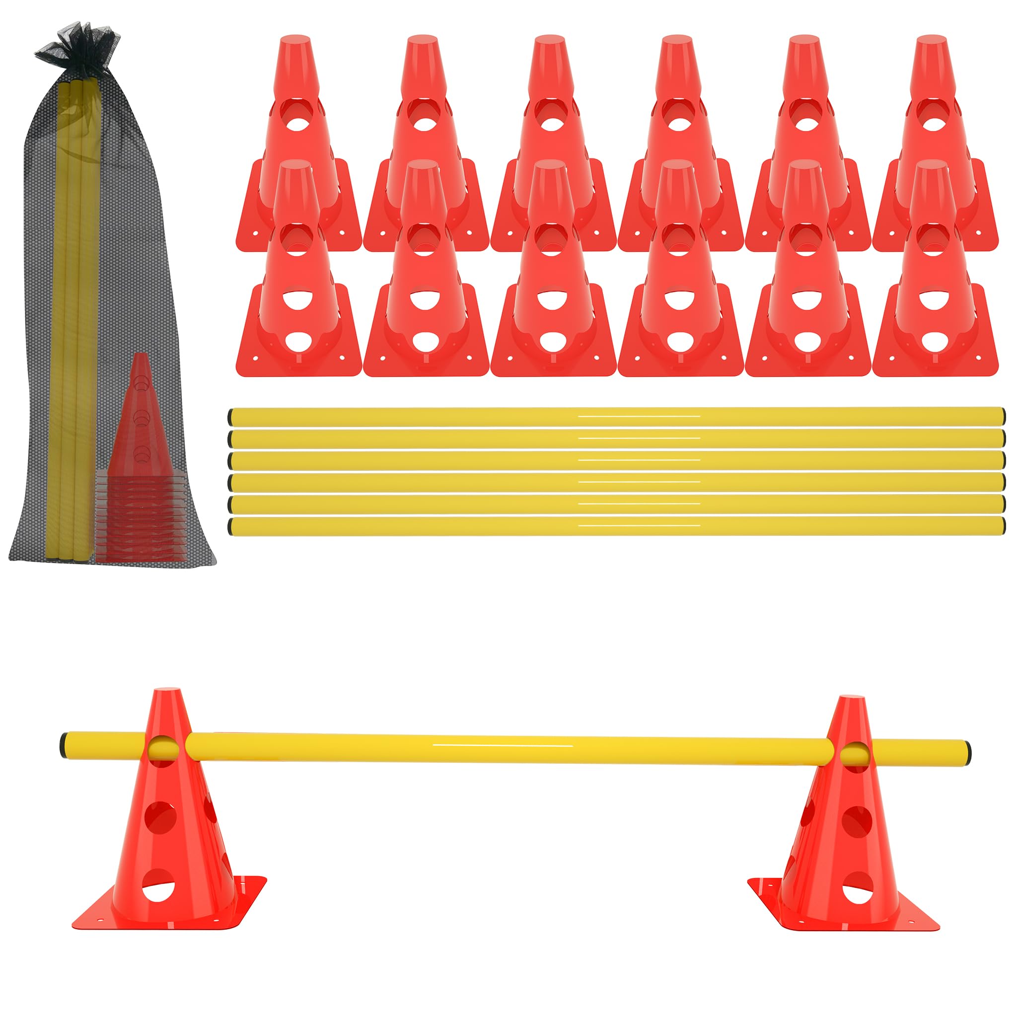 SUBTLETY Agility Hürden für Fußball mit 12 Kegel + 6 Stangen Höhenverstellbar Sports Steckhürdenset Trainingshilfe für Beweglichkeits- & Koordinationstraining Hütchen Set für Kinder Hunde