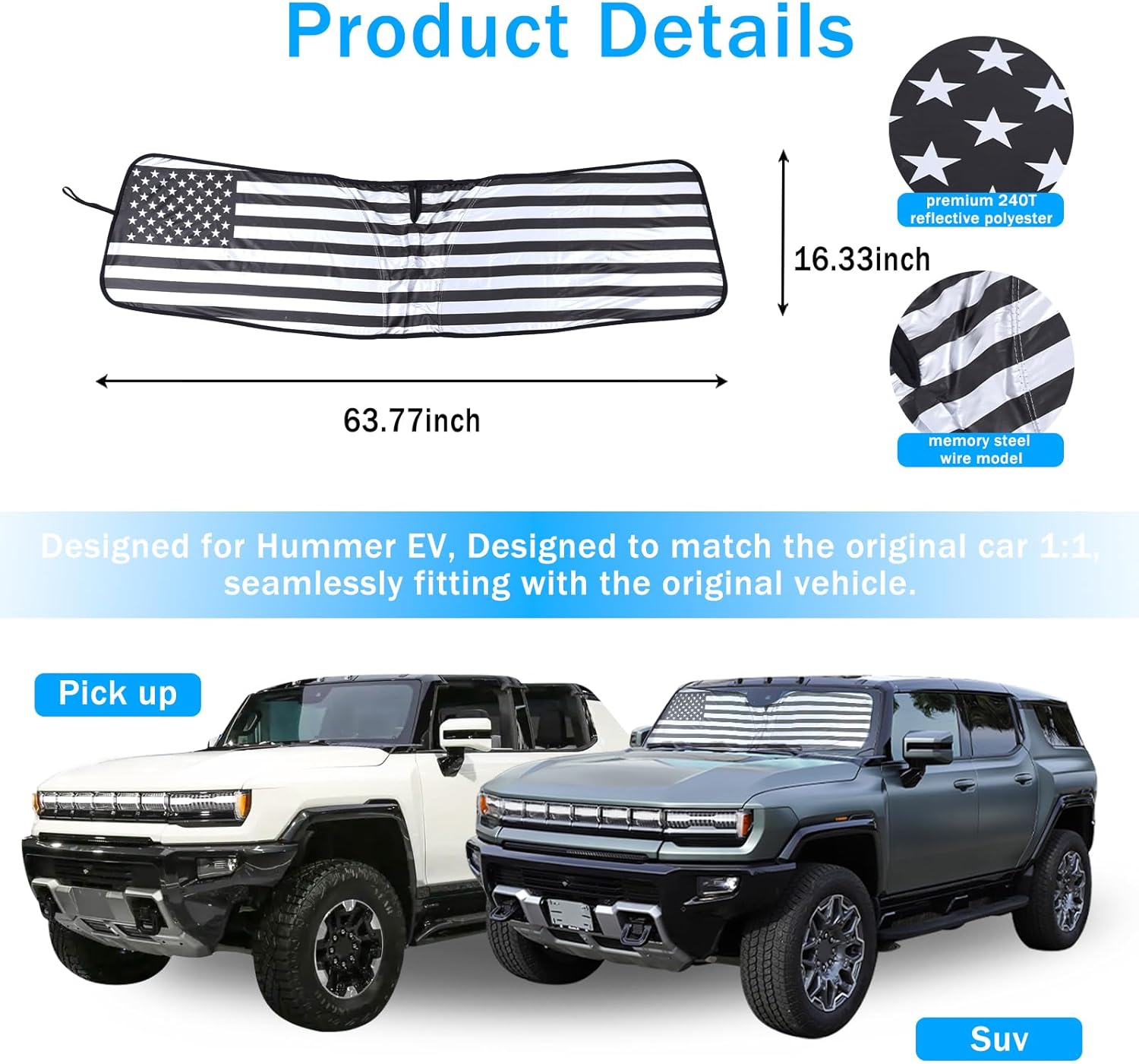 for Hummer EV Accessories Windshield Sun Shade American Flag Foldable Insulation Block UV Rays and Sun Heat Easy to Install&Store Sunshade for Hummer EV SUV Pickup Truck 2022-2024 2025 2026