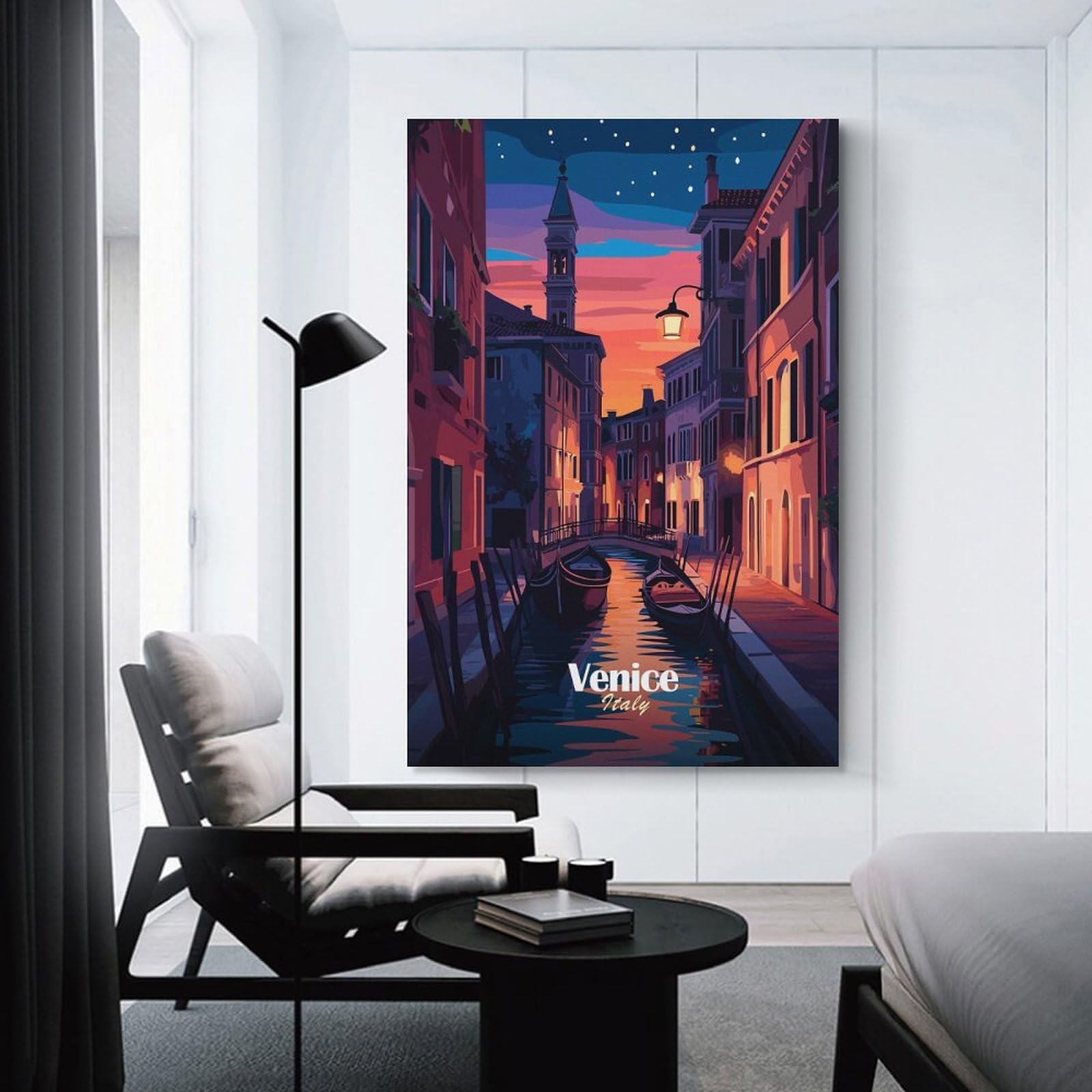 Junmoney Venice Canal Night Room Decor Wall Art 24x36inch(60x90cm), for Art Walls, Layered Displays Or Homes, Wall Decor Suited to Curated Displays