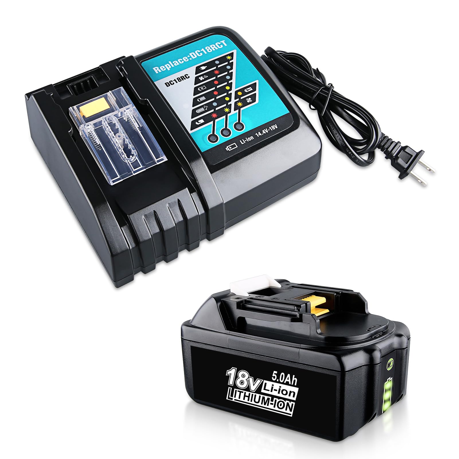 Batería de repuesto BL1860B y DC18RC de 5,0 Ah, 18 V, compatible con batería Makita LXT BL1830 BL1840 BL1850 BL1860 para herramientas de 18 V con indicador LED