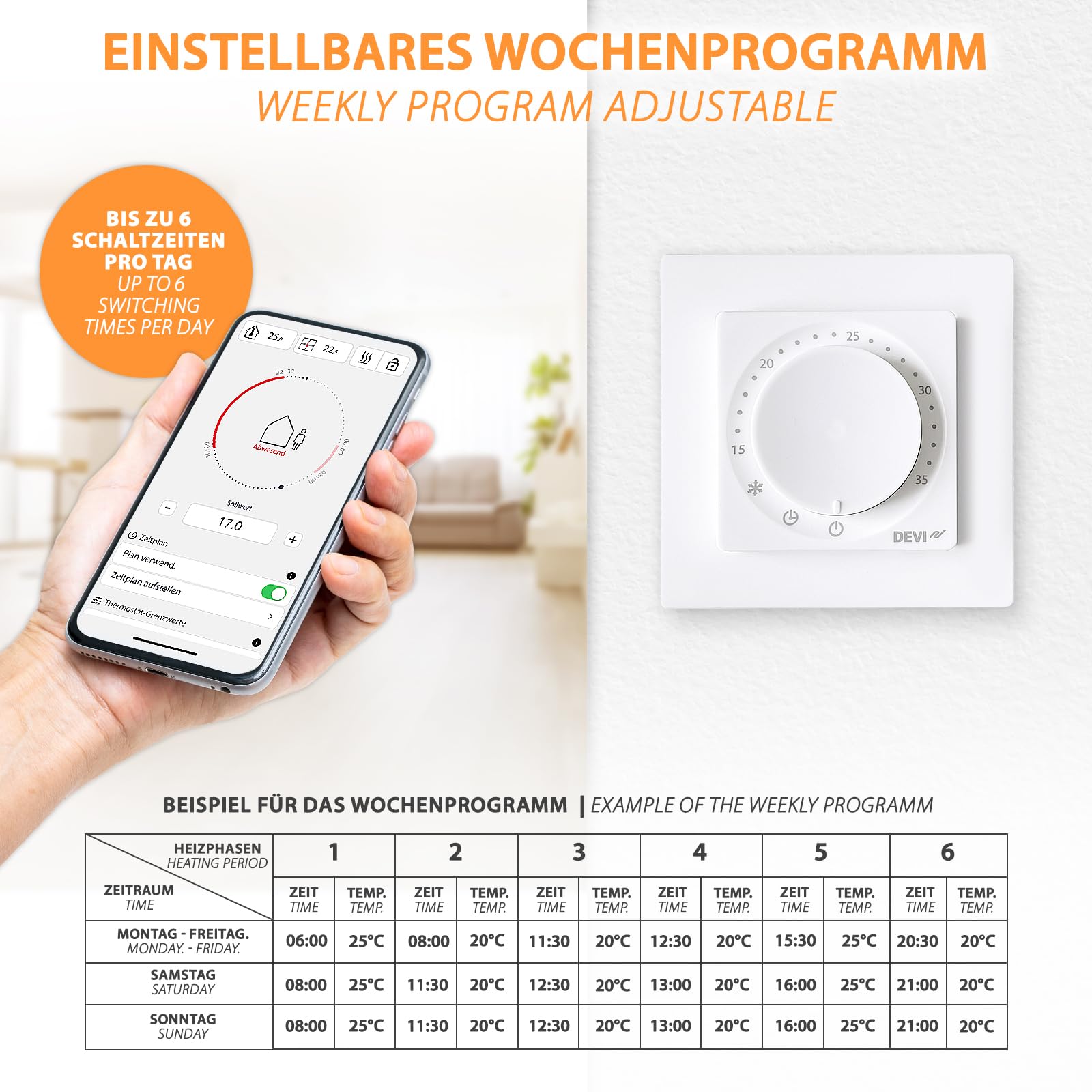 DEVIreg Room 140F1161 Bluetooth Thermostat Raumregler mit EXT. 15kOhm Sensor für elektrische Fußbodenheizung Adaptive PWM Steuerung mehrsprachige kostenlose App