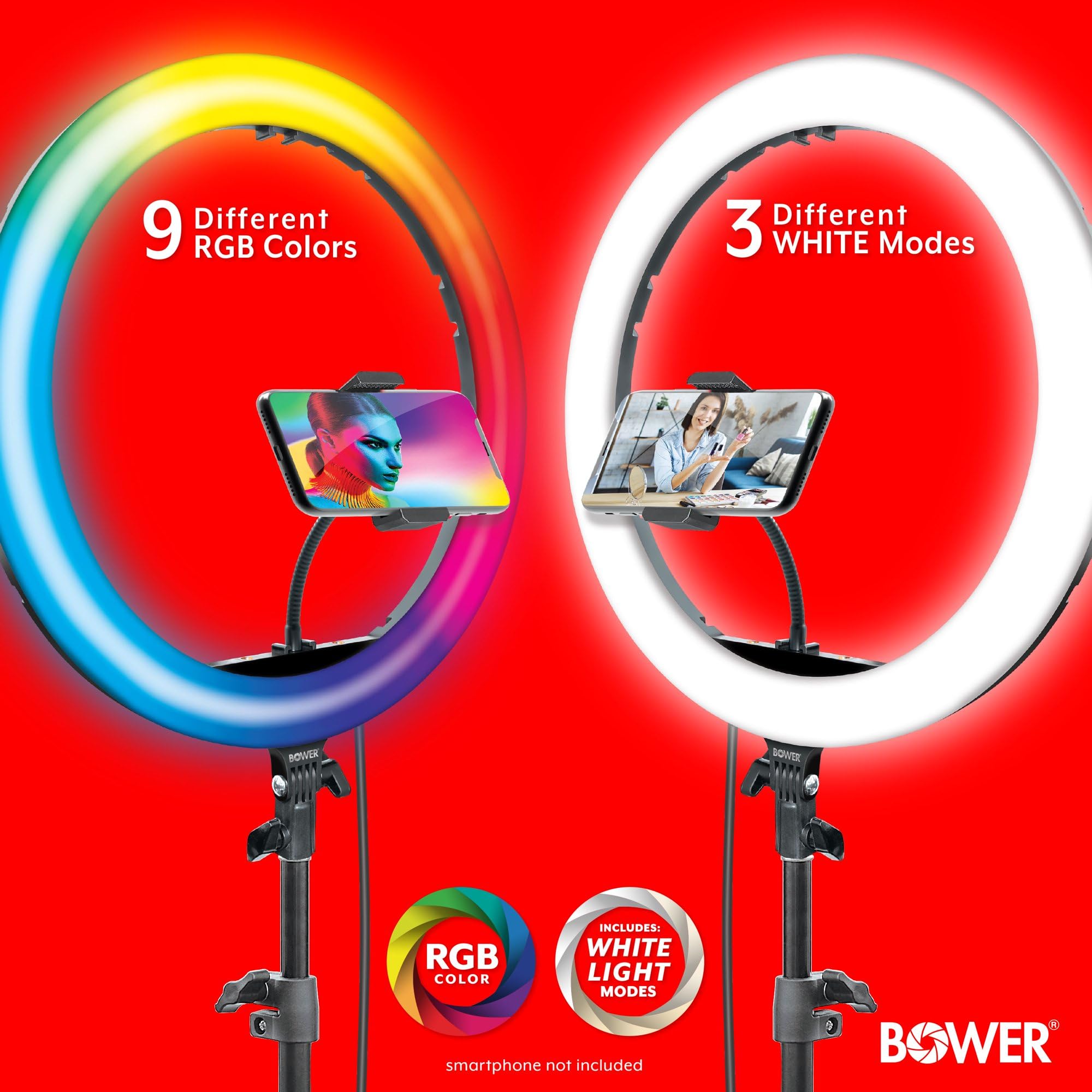 Bower Luce ad anello con supporto. Luce LED RGB da 16 pollici, supporto per telefono treppiede da 62 pollici, telecomando wireless, 16 effetti speciali/9 colori/3 luci bianche per selfie, live