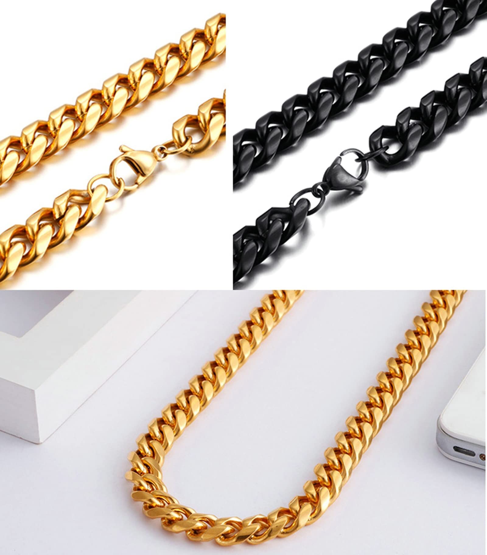 18-26 Zoll Herren-Gliederkette 9/10/13 mm, Panzerkette aus Edelstahl in Gold/Silber/Schwarz