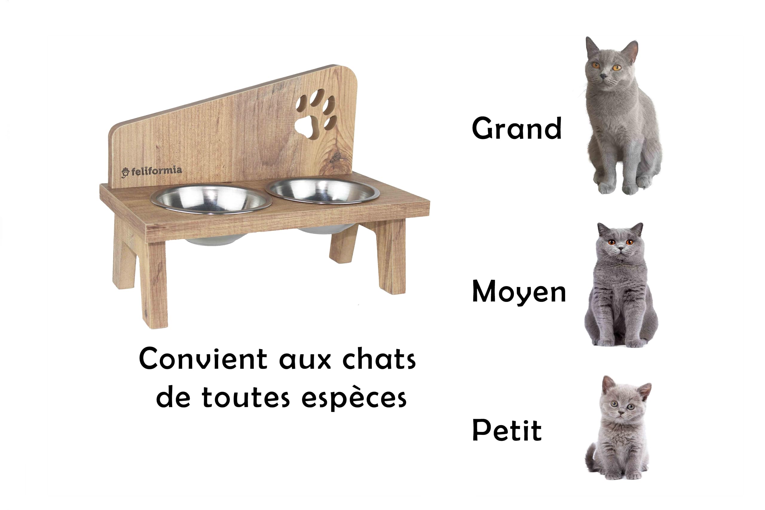 Feliformia® Gamelle pour Chat 600ml Support en Bois avec Deux Bols Surélevée en Acier Inoxydable