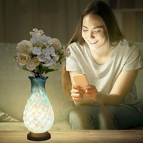 Miniatura 3 de Lámpara multifuncional para jarrón de vidrio, lámpara de mesa de vidrio soplado a mano estilo Murano, luz cálida LED de 2,700 K, jarrón para flor o
