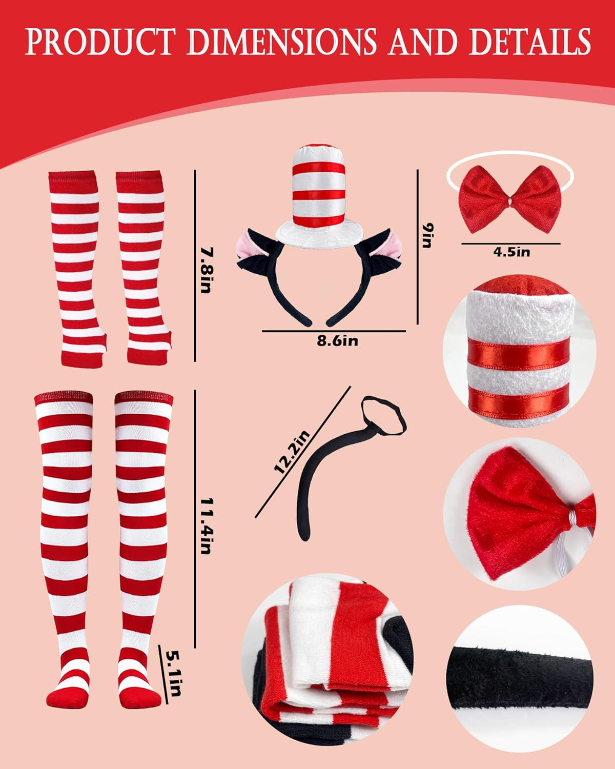 Cat Costume Set, Cat Costume Kit Including Top Hat Headband Tutu Skirt Bowtie Tail Socks Gloves for Halloween School Day - Image 2