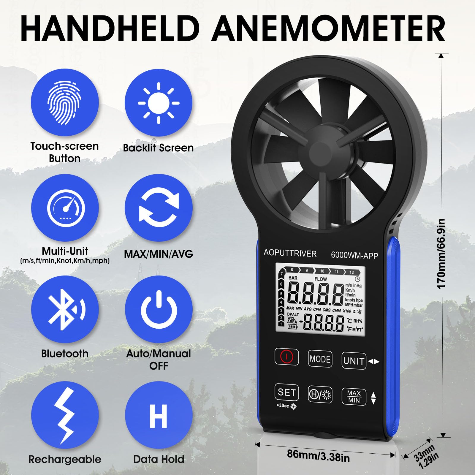6000WM-APP - Anemometro digitale portatile, anemometro CFM, con temperatura (°C/°F), 5 unità, velocità del vento, volume d'aria e misurazione della temperatura per HVAC, Marine