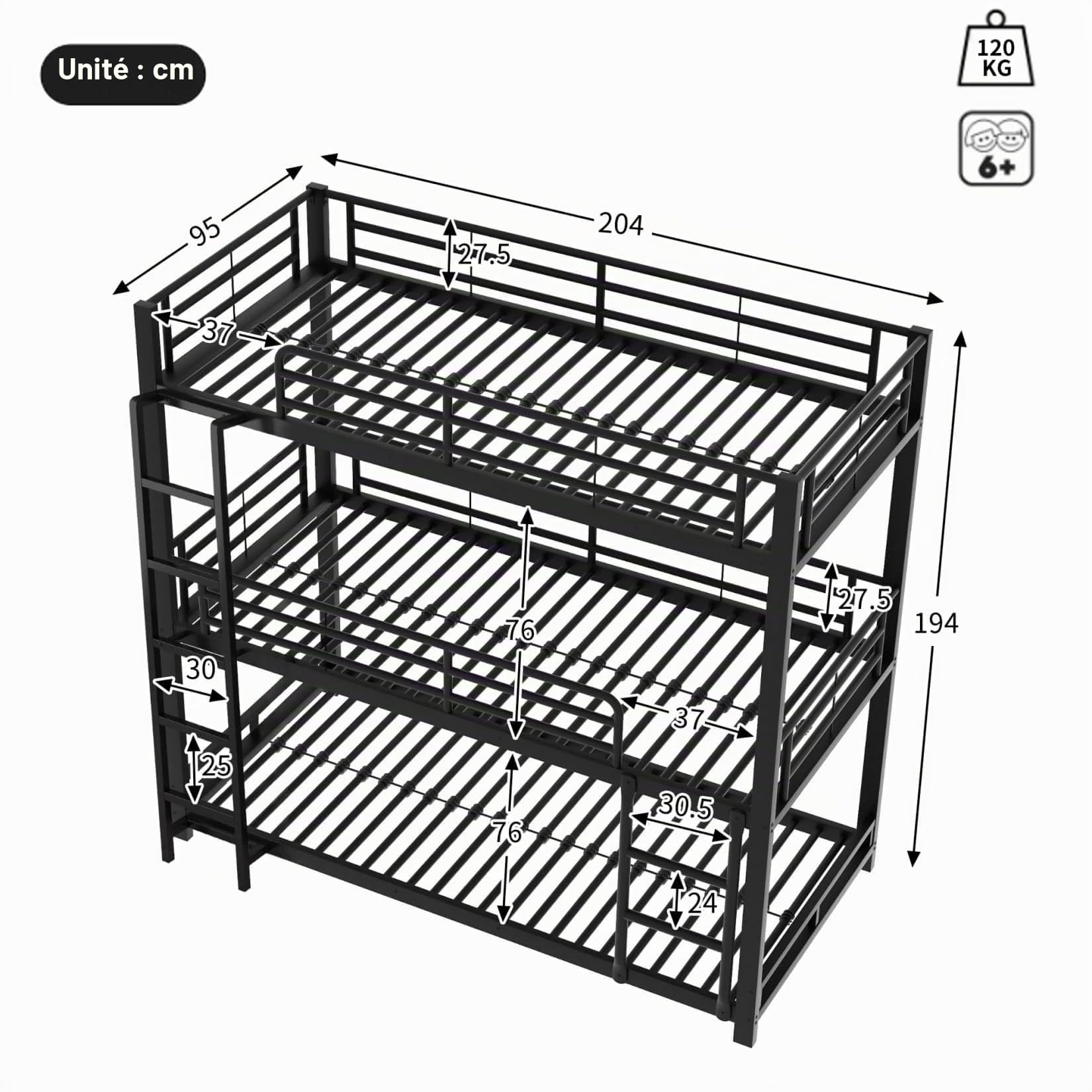 PUGSDRLY Lit Superposé 3 Places,Lit 3 Places avec échelle pour Enfants,Adolescents et Adultes,Cadre en Fer avec Barrière Antichute,90x200cm (Noir)
