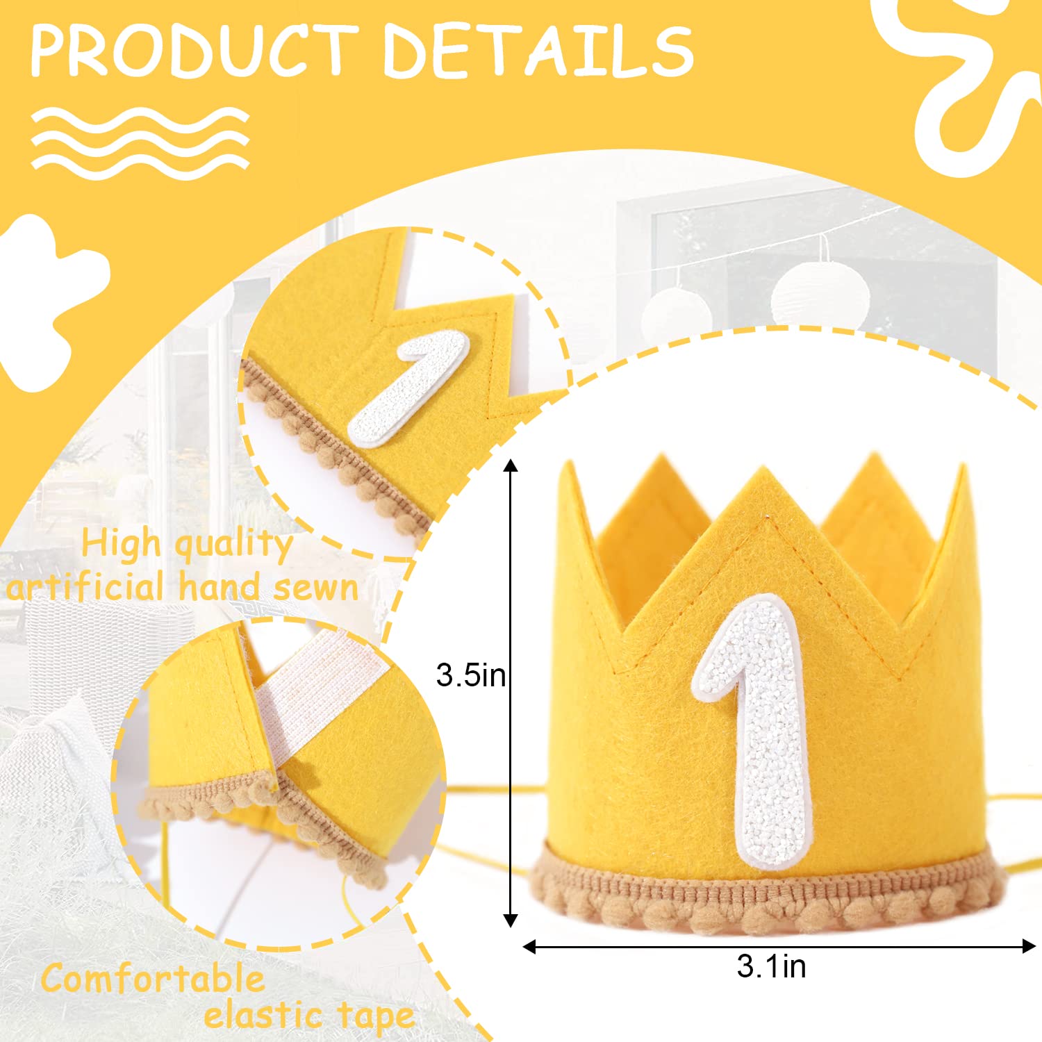 1st Birthday Crown - Yellow First Birthday Hat for Baby Girls/Boys Party Decorations and Supplies