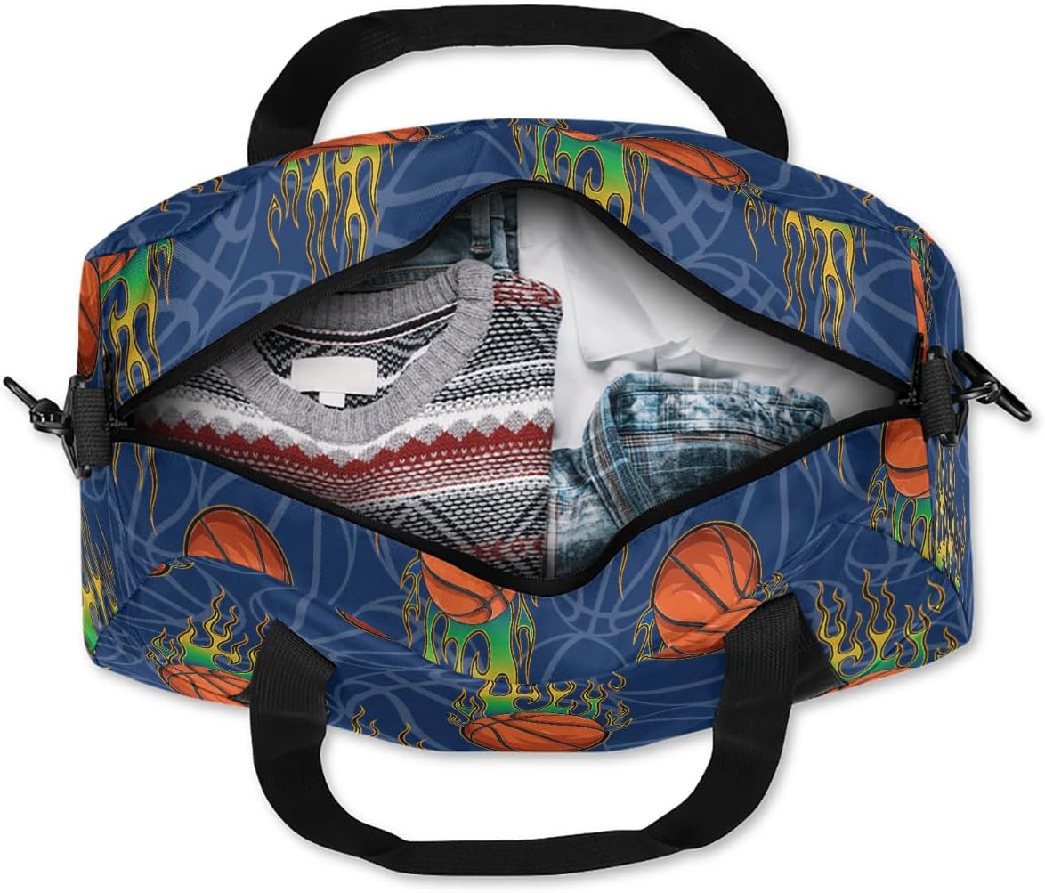 Gym Travel Duffle Bag for Boys - Blue Fire Basketball Kids Overnighter Weekend Bag with Front Zipper Pocket for School Practice, Teens Carry-On Size Sleepover Bags