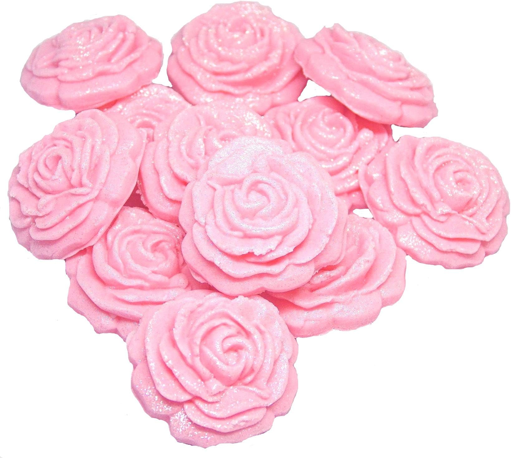 12 Medium Rose Flower Edible Cake Decorations Cupcake Toppers (Pink)