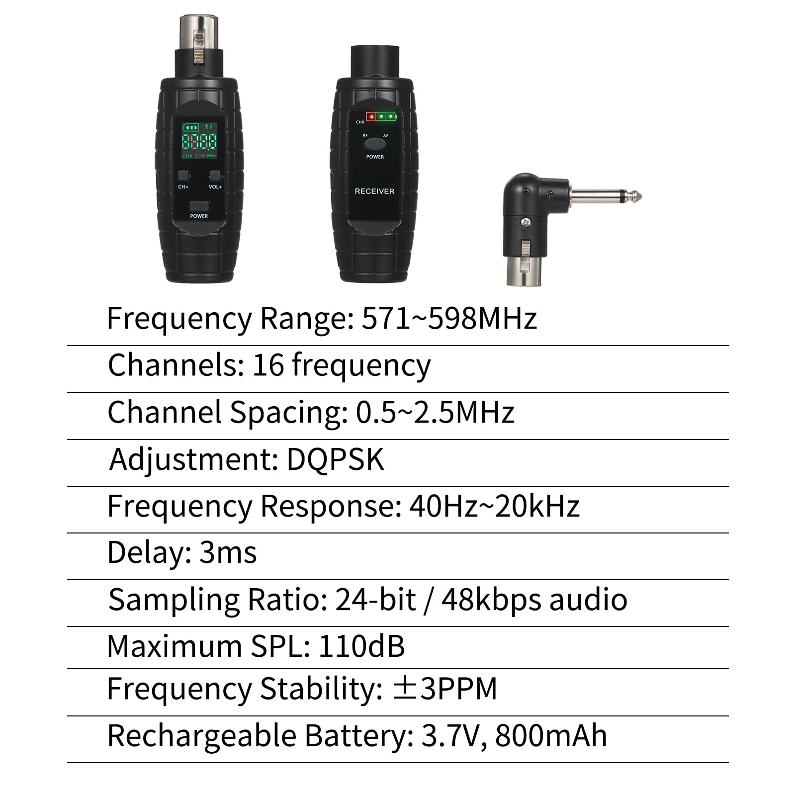 Convertitore da microfono UHF professionale cablato a wireless Trasmettitore e ricevitore per microfono 571~598 MHz Trasmissione in ricezione compatibile con microfono dinamico/a condensatore con