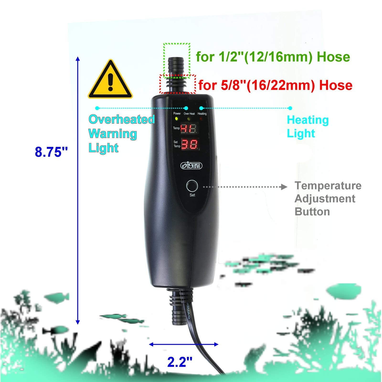 In-Line External Aquarium Heater – 150W/300W/500W Options, Fits 1/2" To 5/8" Hoses, With Dual Temperature Sensors