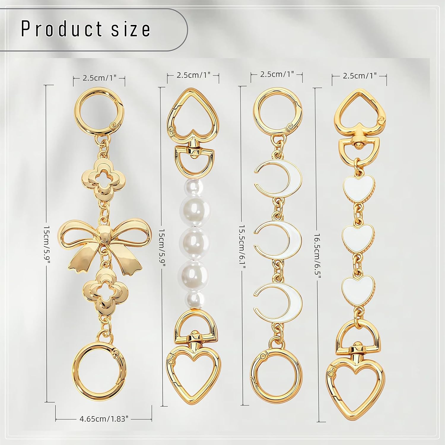 4Pcs Bag Extender Chain Gold Purse Strap Extender Replacement Crossbody for Bag Accessories Women, Girl Handbags Adjustable Purse Charms Making Supplies (Pearl, Bow Ribbon, Heart, Moon)