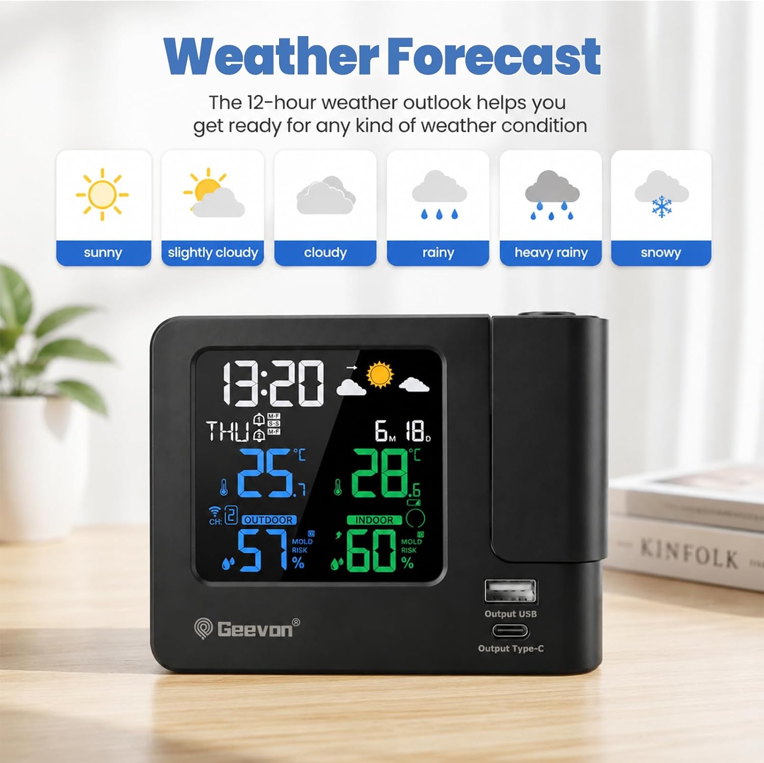 Geevon Projection Alarm Clock for Bedroom Ceiling with Weather Station