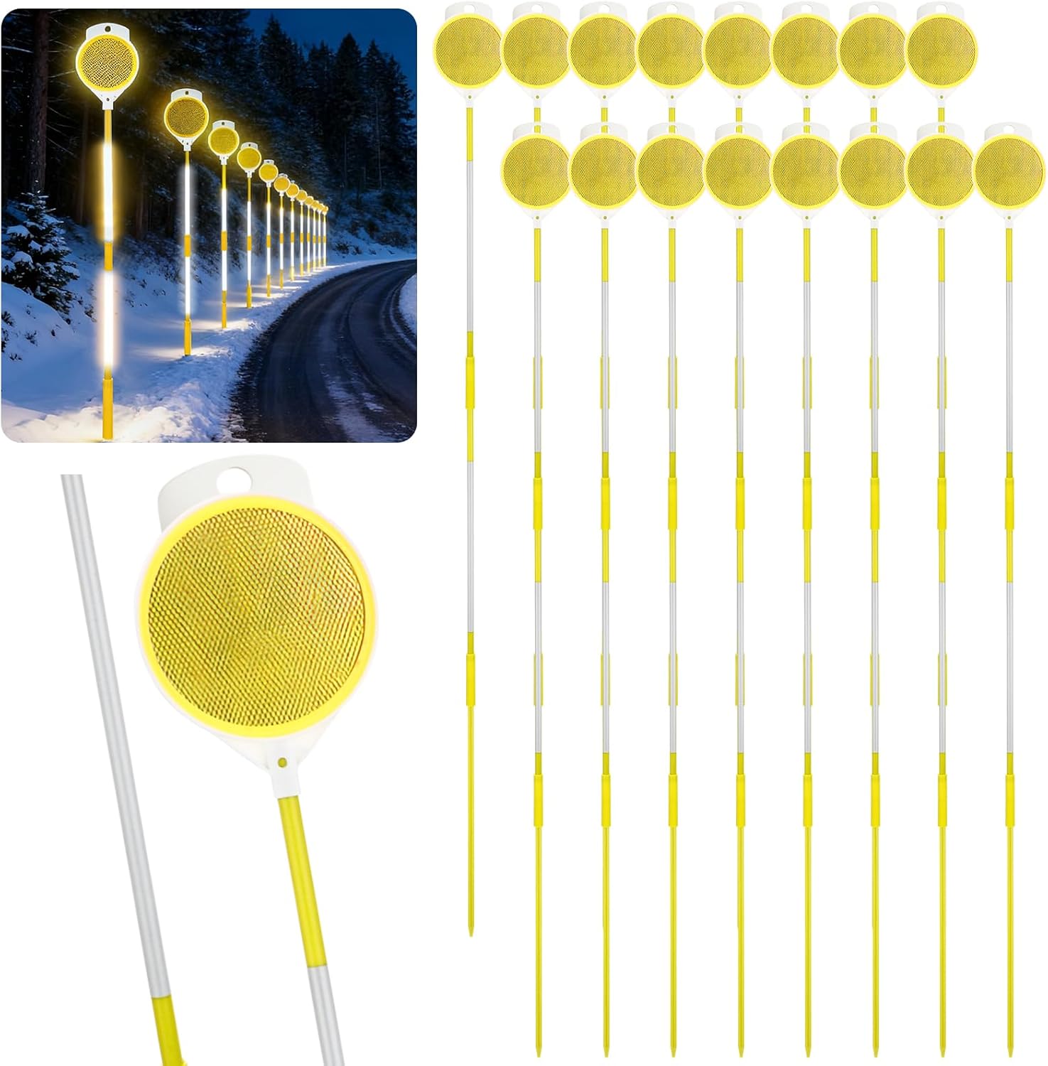 Relaxweex 16 Pcs 48 Inch Reflective Driveway Markers with 16" Install Drill Bit Glow-in-the-Dark Lane Identification Reflectors Double Sided Reflective Driveway Markers Reflectors for Snow Plowing