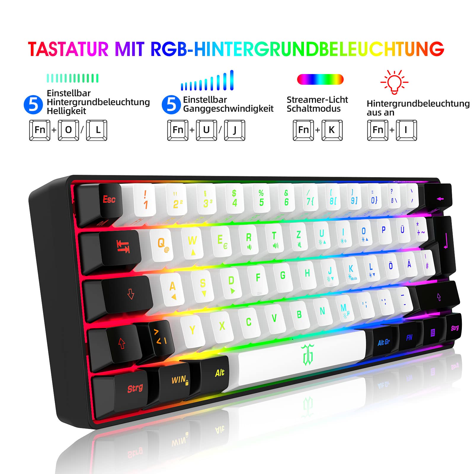 Snpurdiri 60% Tastiera da Gaming Cablata, Mini Piccola, Tastiera Compatta RGB Portatile per PC, Mac, Ufficio, Gaming (61 Tasti, Alfabeto Tedesco, Nero e Bianco)
