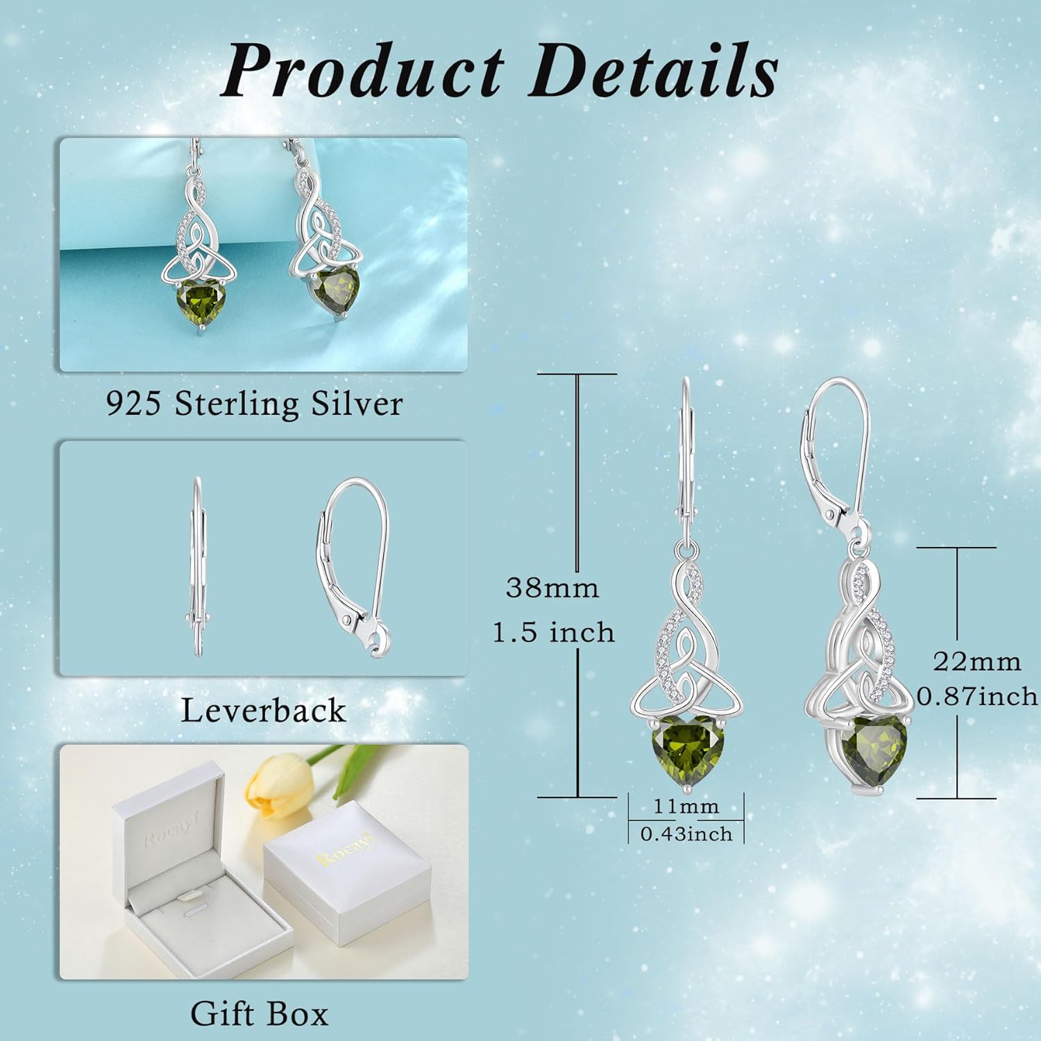 Infinity Celtic Knot Earrings 925 Sterling Silver Dangle Drop Leverback Earrings Birthstone Jewelry Gifts for Women - Image 6