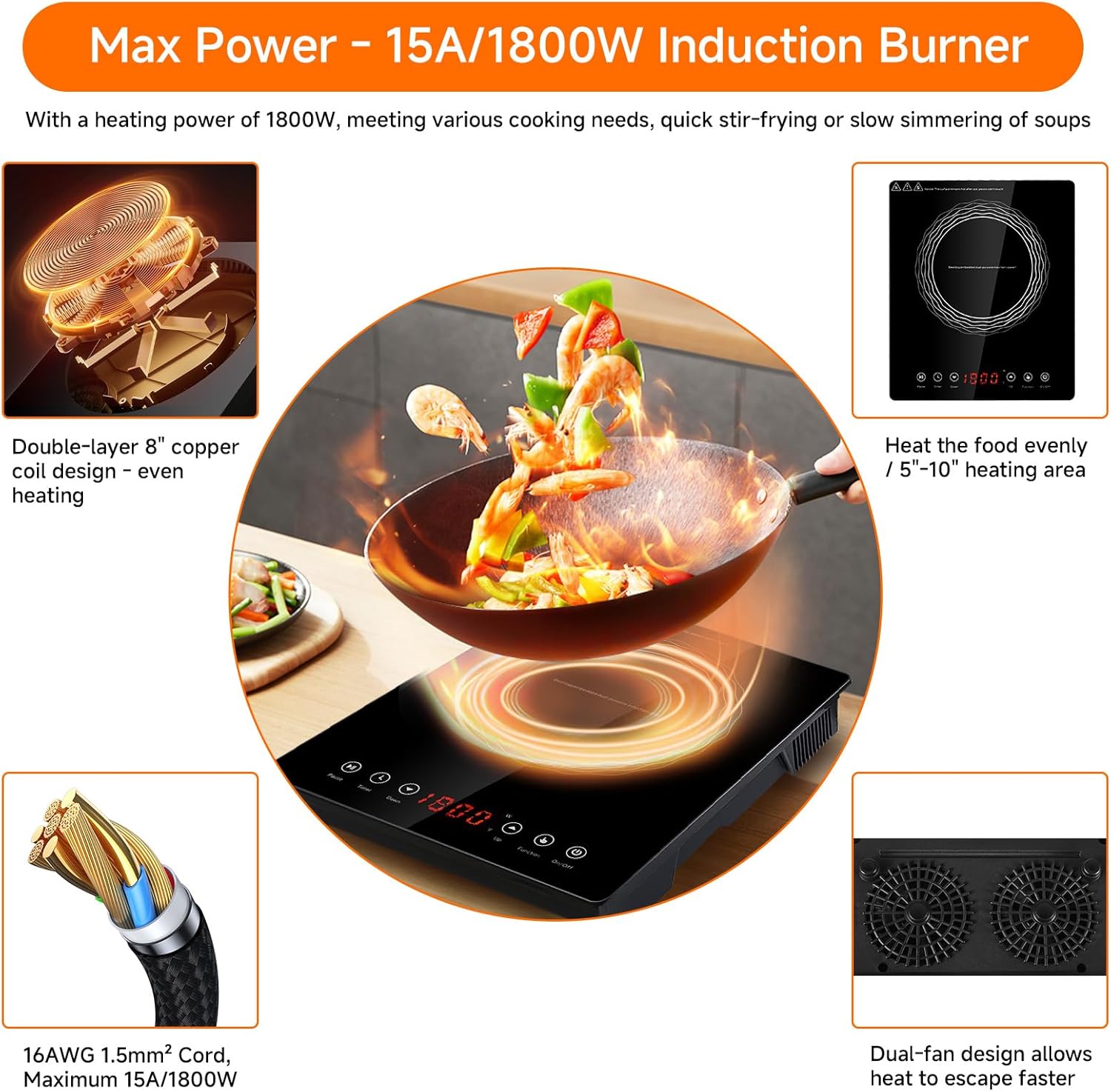 Portable Induction Burner, 1800W, Large 8” Heating Coi, Hot Plate Countertop Burner with Touch Panel, Power & Temp Adjustable, Hot Plate Cooker with 4-Hour Timerl