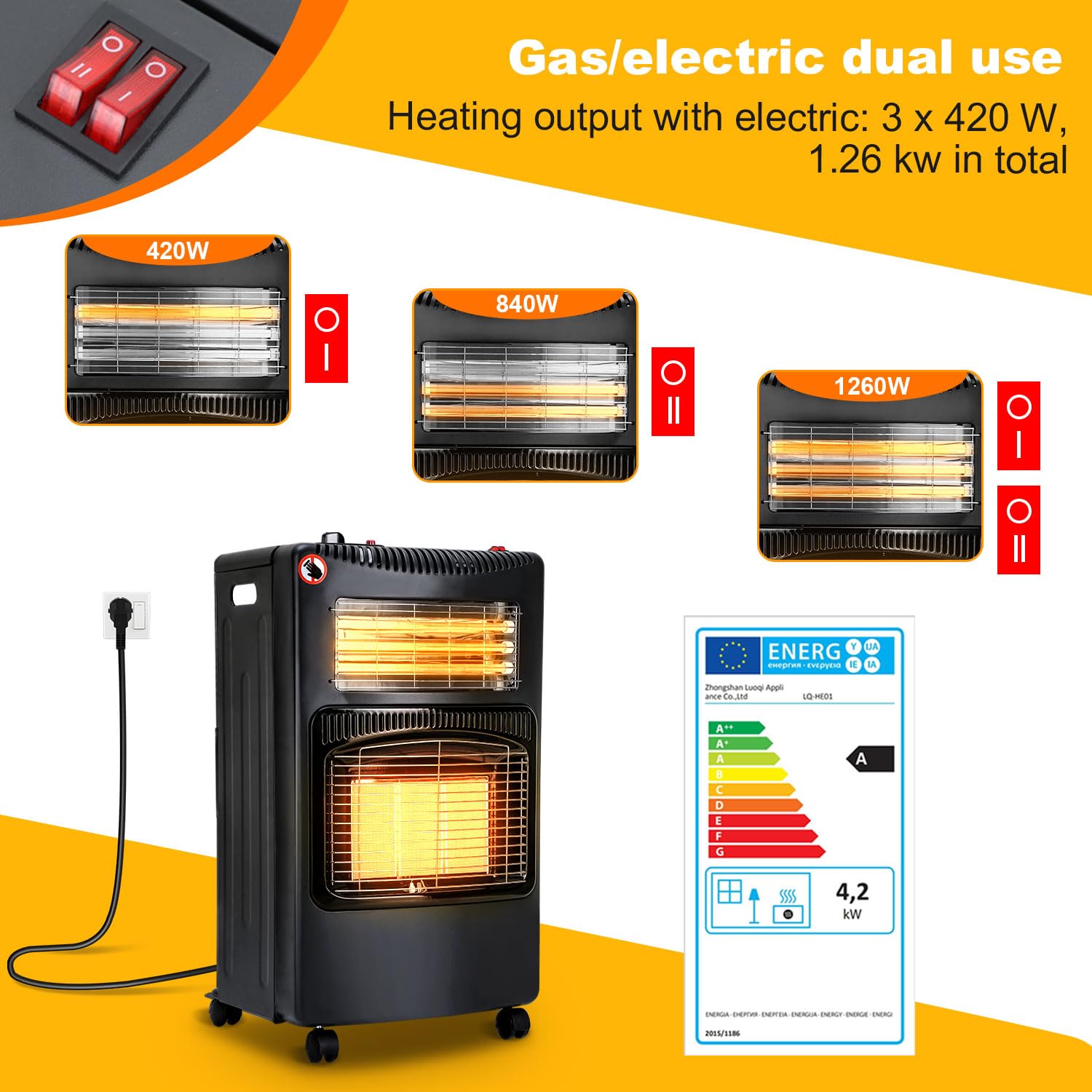 Gasheizer 4200W, Elektroheizung 1260W, Gas Heizstrahler inkl. Gasdruckregler, Gasschlauch, Gasheizofen, Infrarot Keramikbrenner, Butan- oder Propangasflaschen bis 15kg
