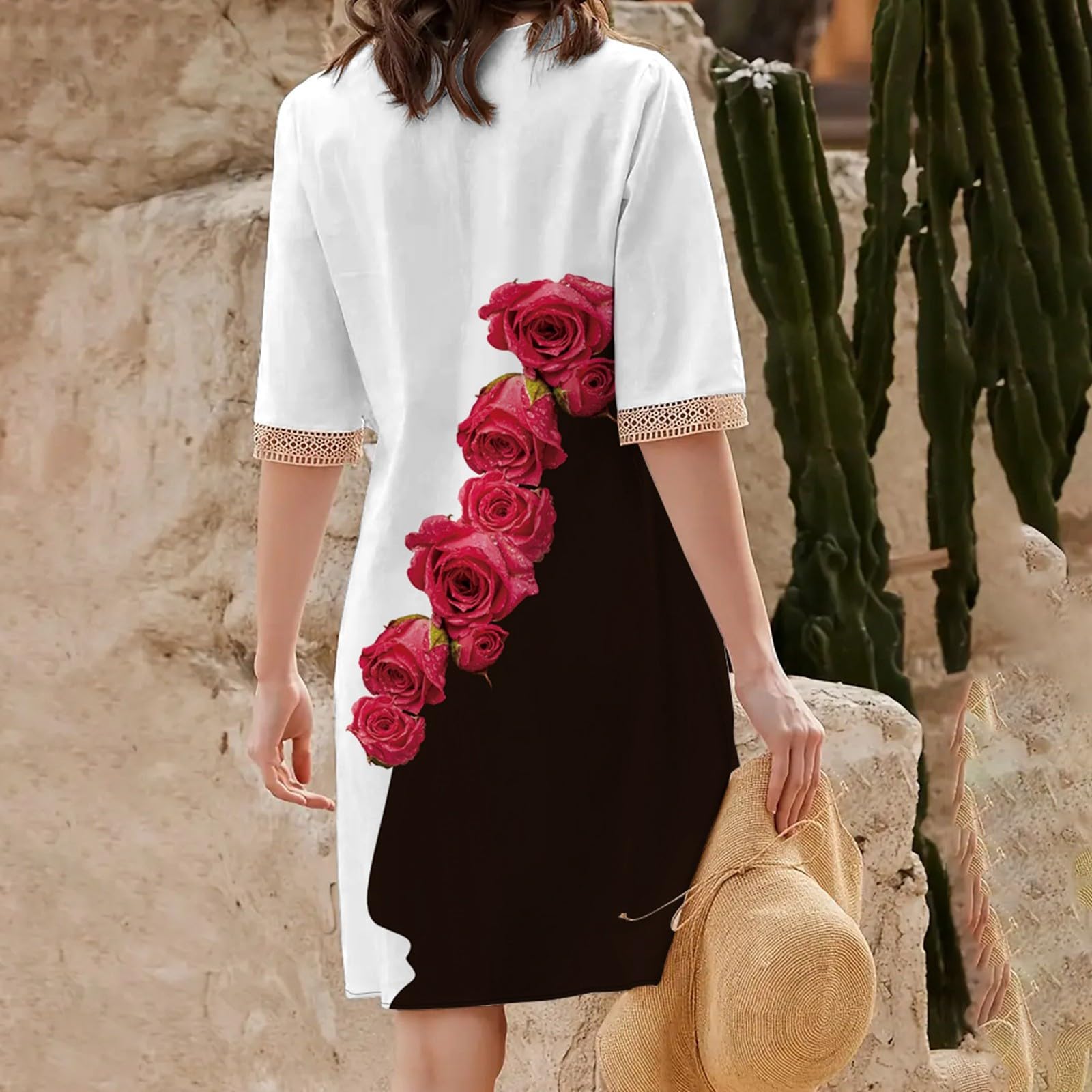 Robe à Manches Courtes à Col en V pour Femmes Décontractée Ample d’Été Longueur Genou Imprimé Bohè Robes en Dentelle Fluide Grande Taille Swing Midi Sun Jupe Fête Vacances Plage Floral Dress