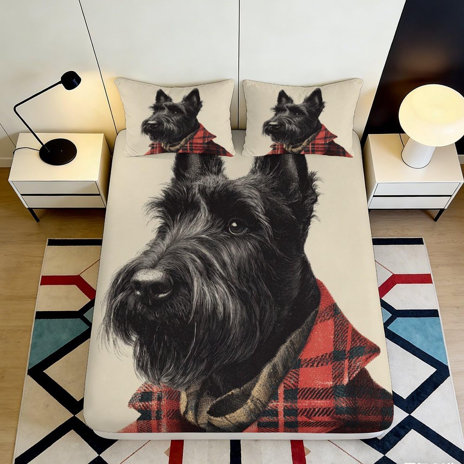 3D Printed Scottish Terrier Fitted Sheet Microfiber Soft Plaid Dog Bed Cover for Bedroom Guest Room Decor Protection 90x200x25cm