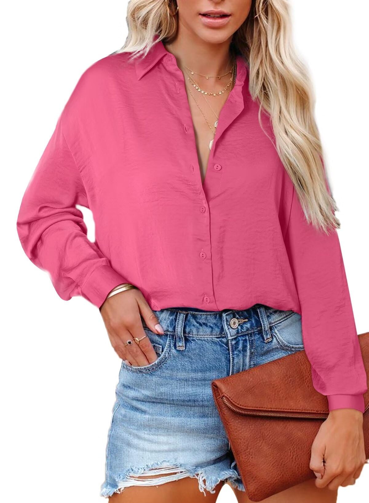 AstylishWomen Button-Down Shirts V-Neck Elegant Blouse Long Sleeve Basic Top