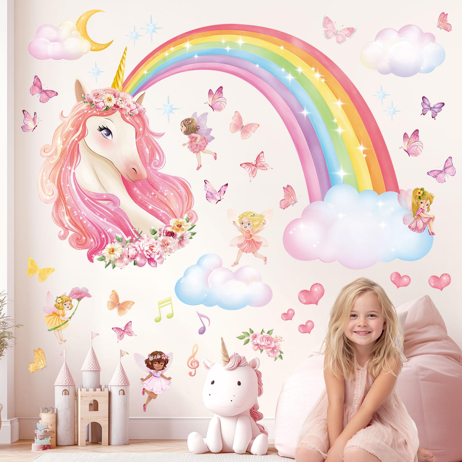 DECOWALL SG2-2321 Rainbow Butterflies Unicorn Kids Wall Stickers for Nursery