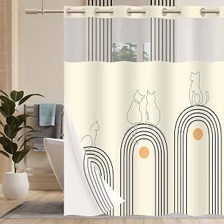 Extra Long No Hook Shower Curtain and Liner Set, Boho Cat Shower Curtains with Snap in Fabric Liner for Bathroom, Ringless Waterproof Washable with See Through Top Window, Cream Beige 71" x 84"