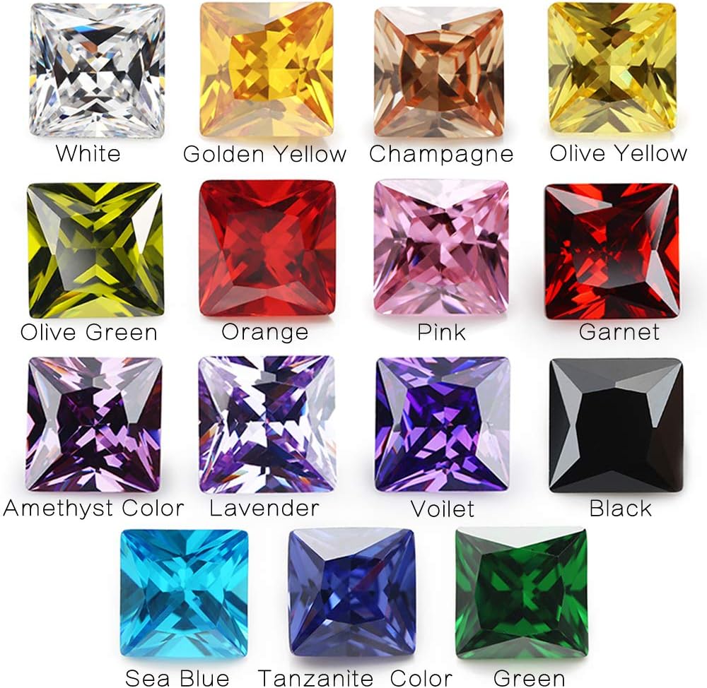 Size 4x4mm-10x10mm 5A Square Princess Cut Loose Cubic Zirconia Stones Mix 15 Colors CZ Stone Synthetic Gemstone for Jewelry Making
