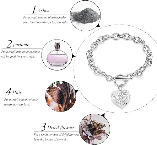 Miniatura 7 de zeqingjw Pulsera de cremación de corazón infinito para cenizas, brazaletes de urna de acero inoxidable para cenizas de mascotashumanas, joyería de