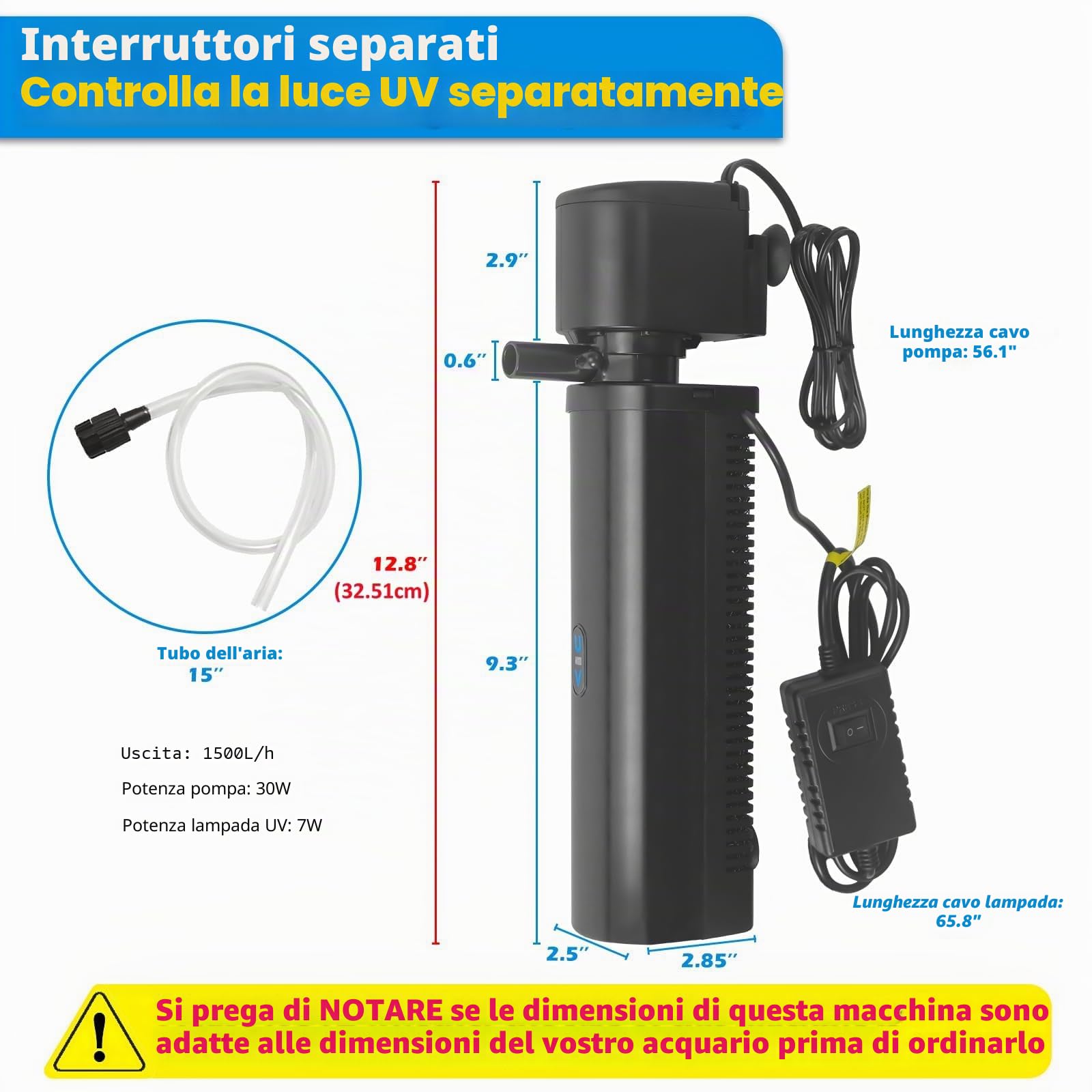 Filtro per acquario per vasche da 150-560 litri, 7W Anti-alghe Chiarificatore U-V Filtro Interno 1500 L/h Pompa Sommergibile per Acquari d'acqua Dolce e Salata Destruttore di Alghe Chiaro Cristallo