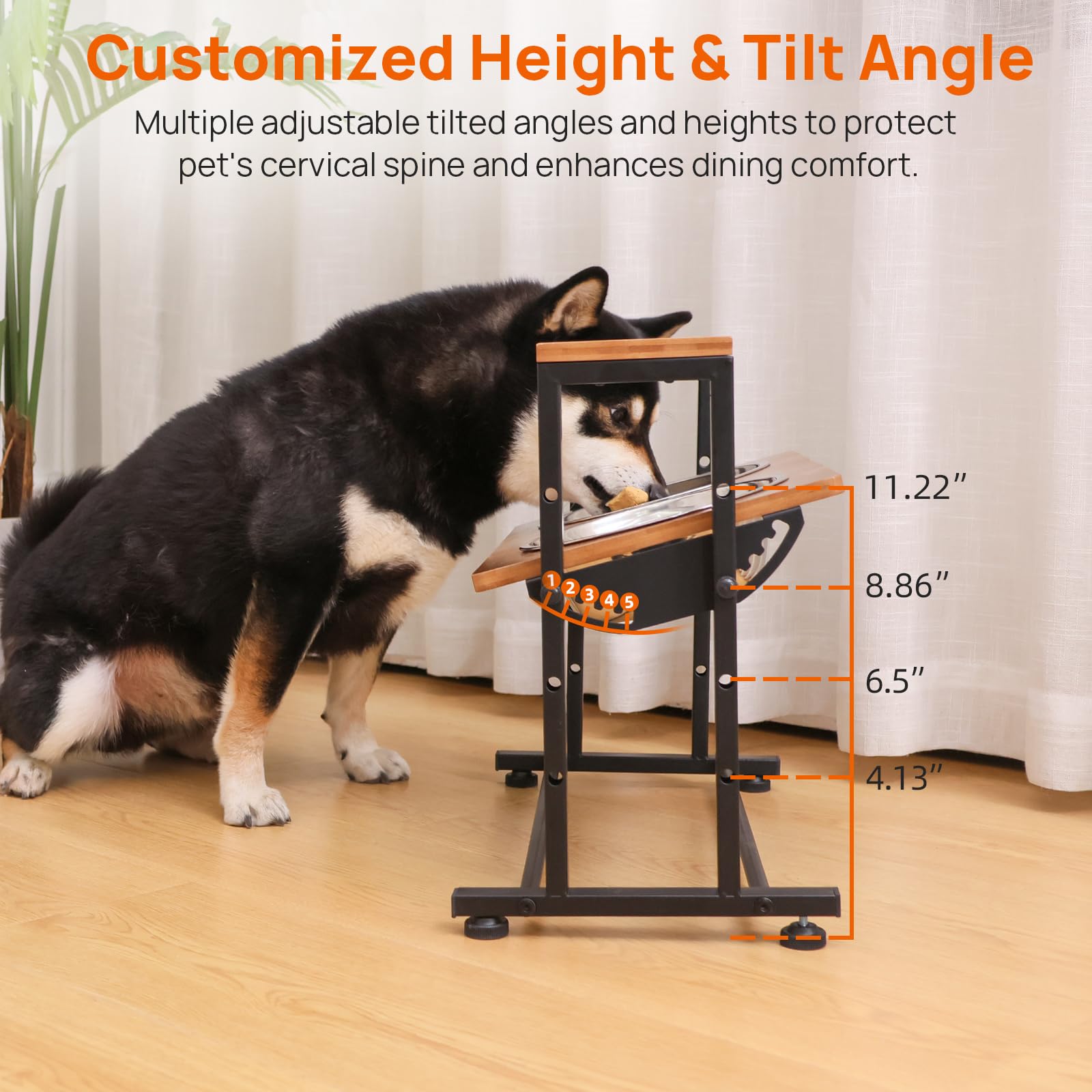Soporte de comedero para Mascotas de Altura Ajustable con 2 Cuencos de Acero Inoxidable, Parte Superior de Madera y Marco de Metal Negro para Perros/Gatos, estación elevada de Alimentos/Agua (marrón