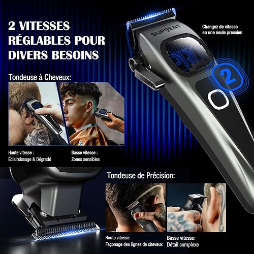 SUPRENT Men's Professional Hair Trimmer - Titanium-Coated Fade Blade, Adjustable Zero-Gap T-Blade, 5 Length Levels, Magnetic Guide Combs, 2500 mAh Battery & Type-C Charging Station - 6