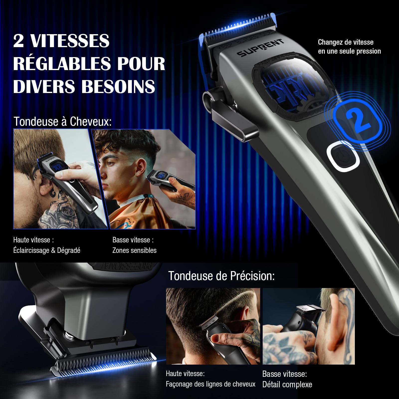SUPRENT Tondeuse à cheveux professionnelle pour homme - Lame fade revêtue de titane - Lame en T réglable Zero-Gap - 5 niveaux de longueur - Peignes de guidage magnétiques - Batterie 2500 mAh et