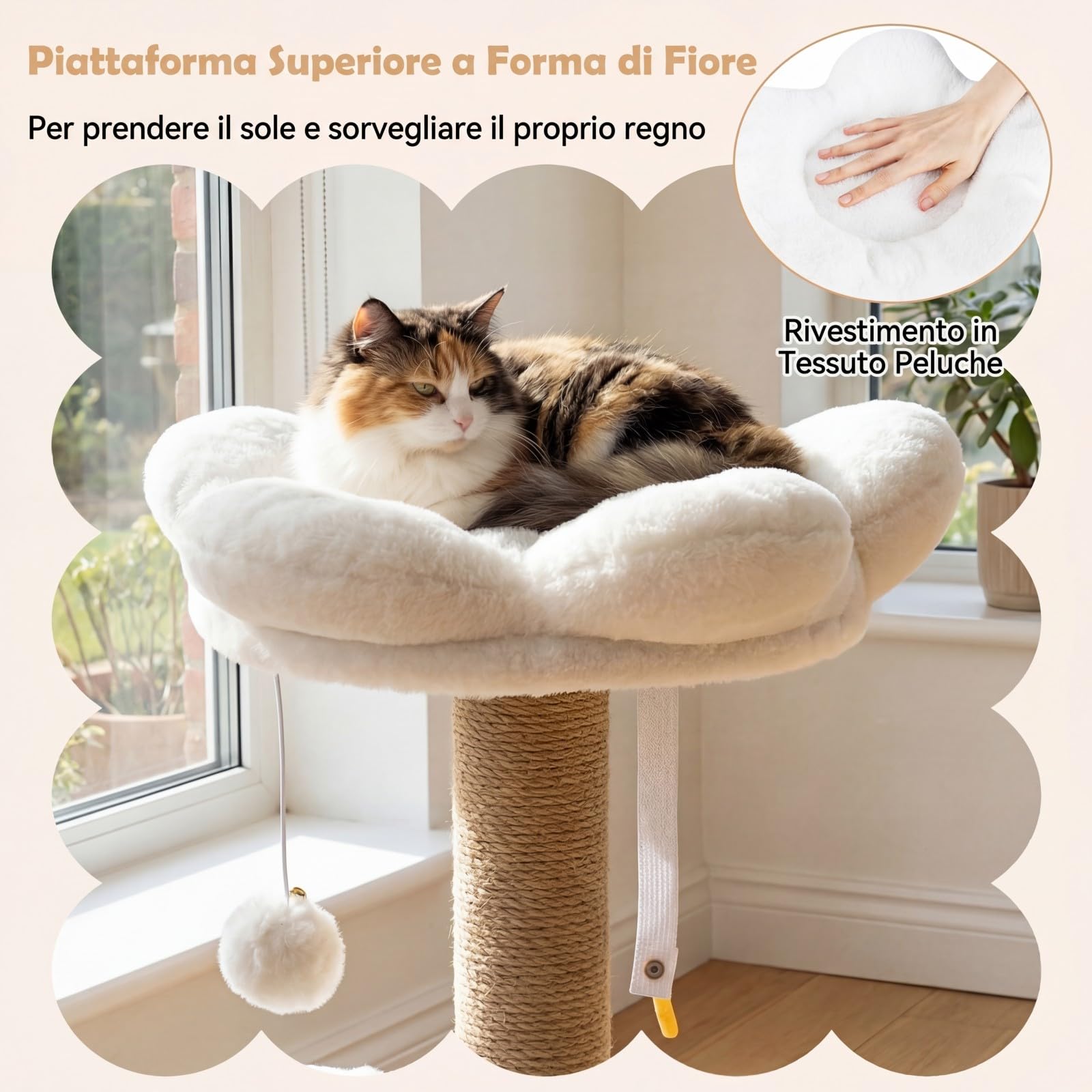 COSTWAY Albero per Gatti, Alberi Tiragraffi Alta 96 cm con Poggiolo Imbottito a Forma di Fiore, Condo Accogliente & Letto per Gatti, 2 Palline con Campanelli Appese & Posti per Graffiare (Bianco)