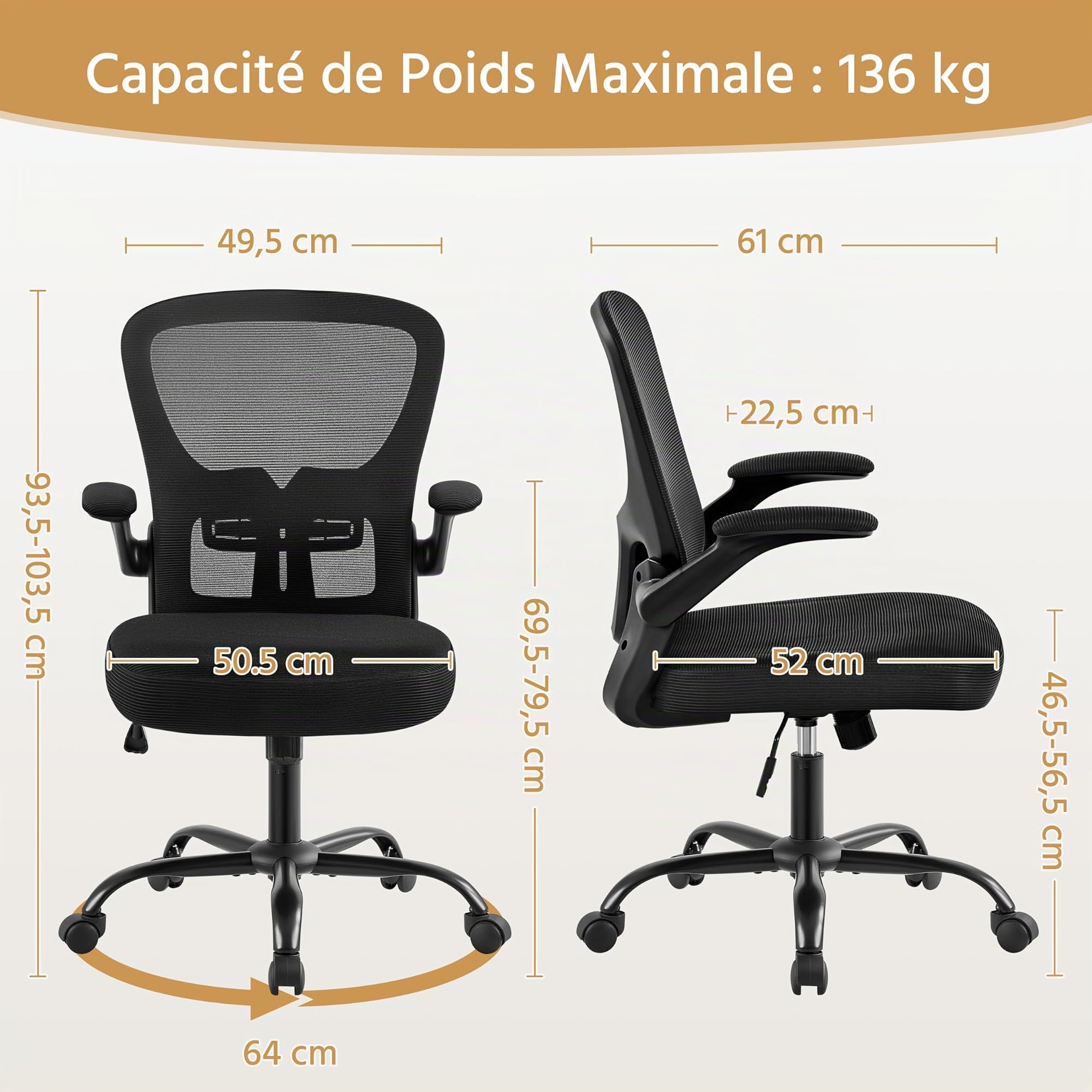 Yaheetech Chaise de Bureau à roulettes avec Accoudoirs Pliables Noir