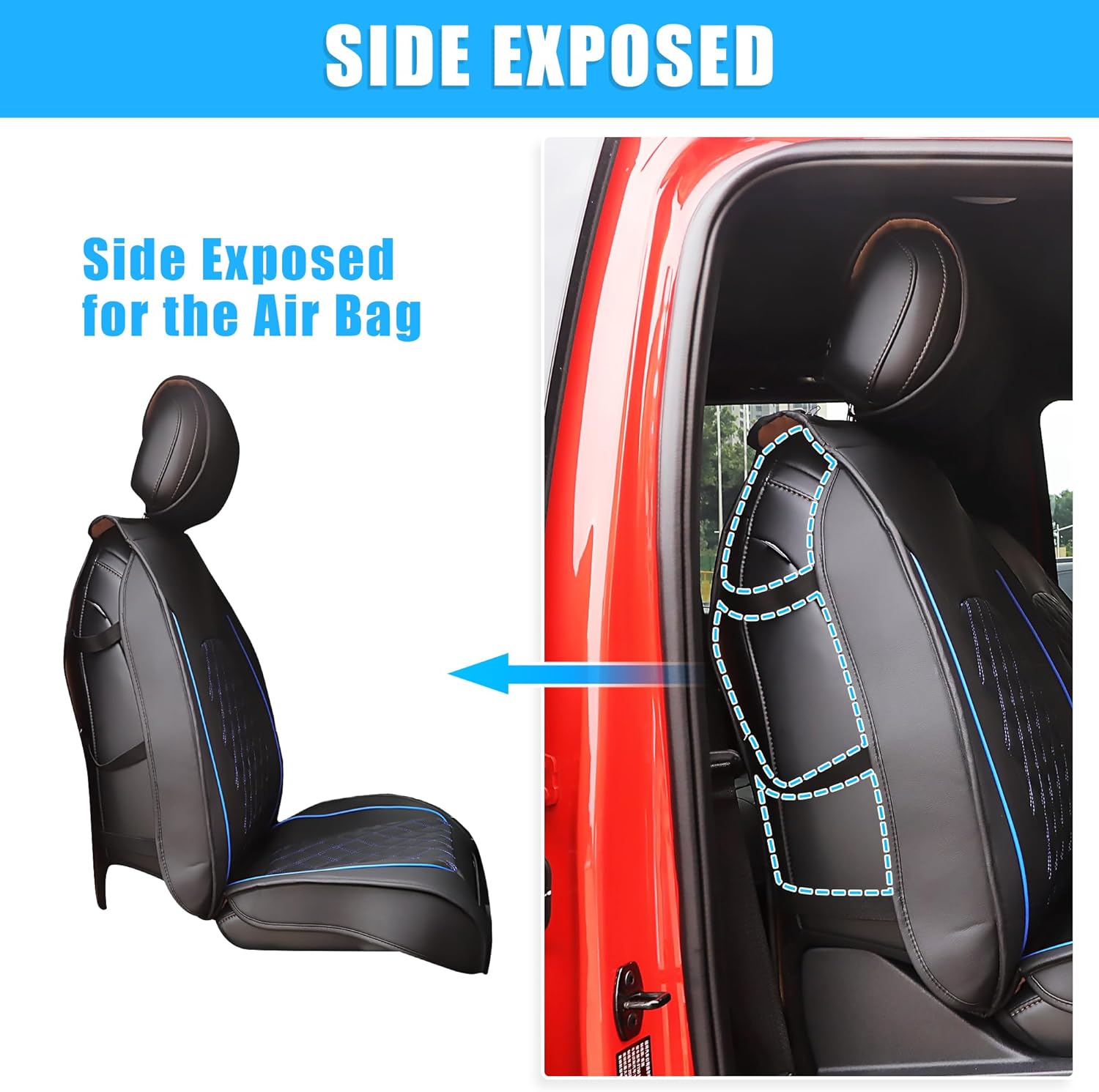 uxcell Front Seat Cover for Ford F150 2009-2014 for Ford F-150 2015-2018 2019-2023 Seat Protectors Pad Waterproof Faux Leather Pickup Cover Black Blue 2 Pcs