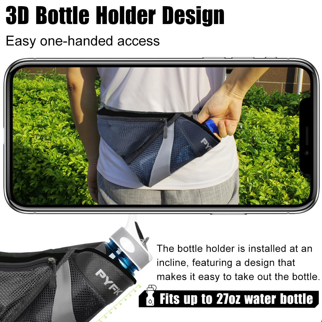 PYFK Laufgürtel, Trinkgürtel, Hüfttasche mit Wasserflaschenhalter, für Damen und Herren, reflektierend, Schwarz