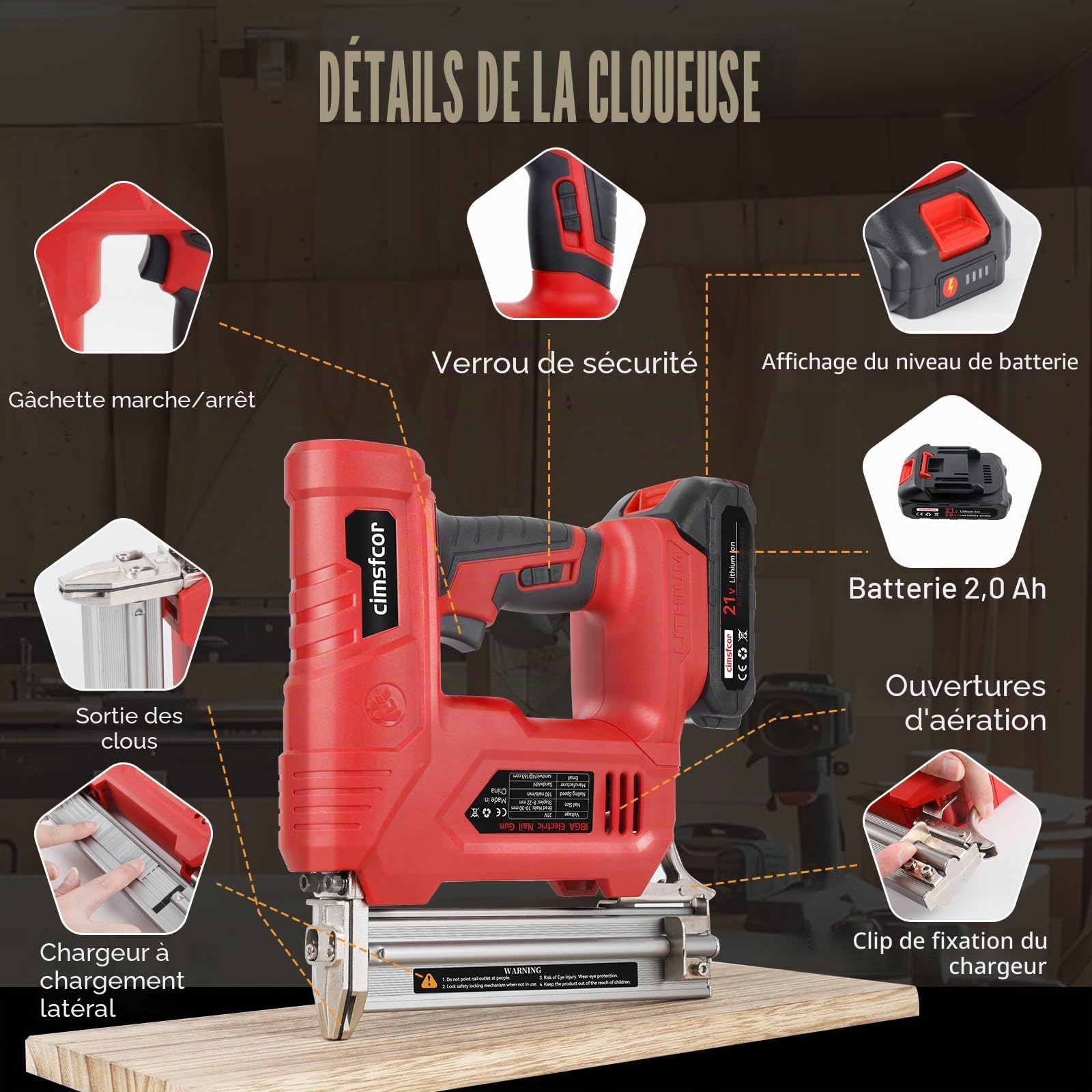 Cloueuse Electrique Sans Fil 18GA 21V, Agrafeuse Electrique avec 2 x 2.0Ah Batterie et Chargeur, avec 2000 Clous Brads +2000 Agrafes pour Travail du bois, Projets de Tapisserie Ameublement