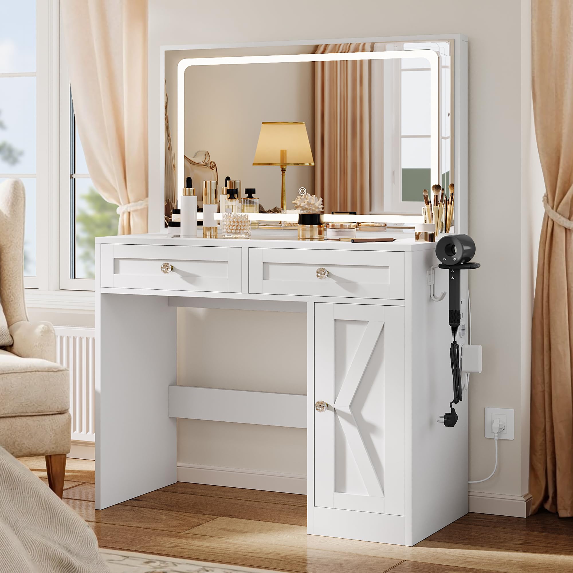 YITAHOME Tocador con iluminación LED Ajustable y enchufes, tocador con Espejo, tocador con cajones divididos, Escritorio Transparente, Blanco