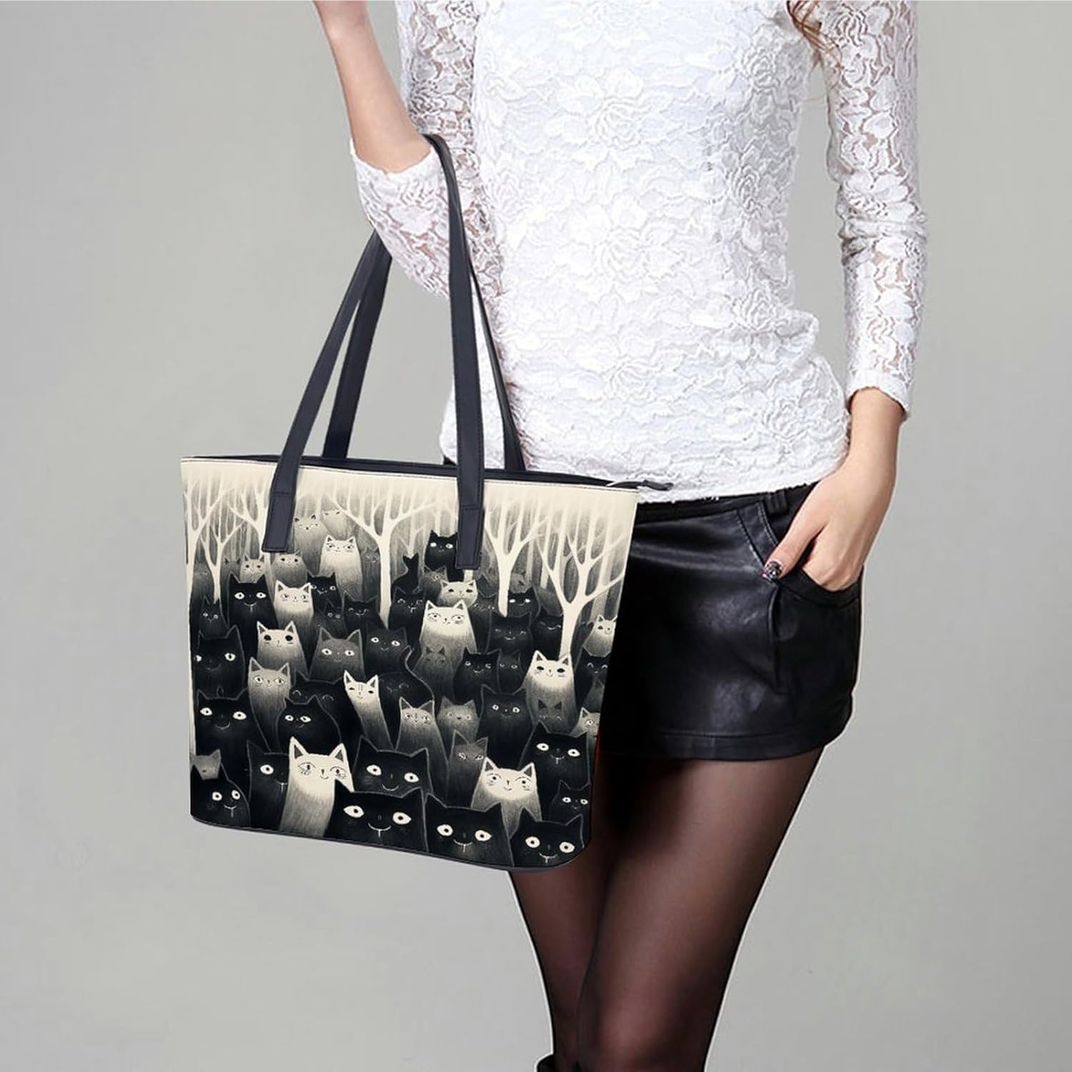 A Group of Black Cats Tote Bag for Women Top Handle Large Size Satchel Purse Ladies Chic Shoulder Bag Aesthetic Leather Shoulder Handbag for Work Travel Cute Casual Message Bags