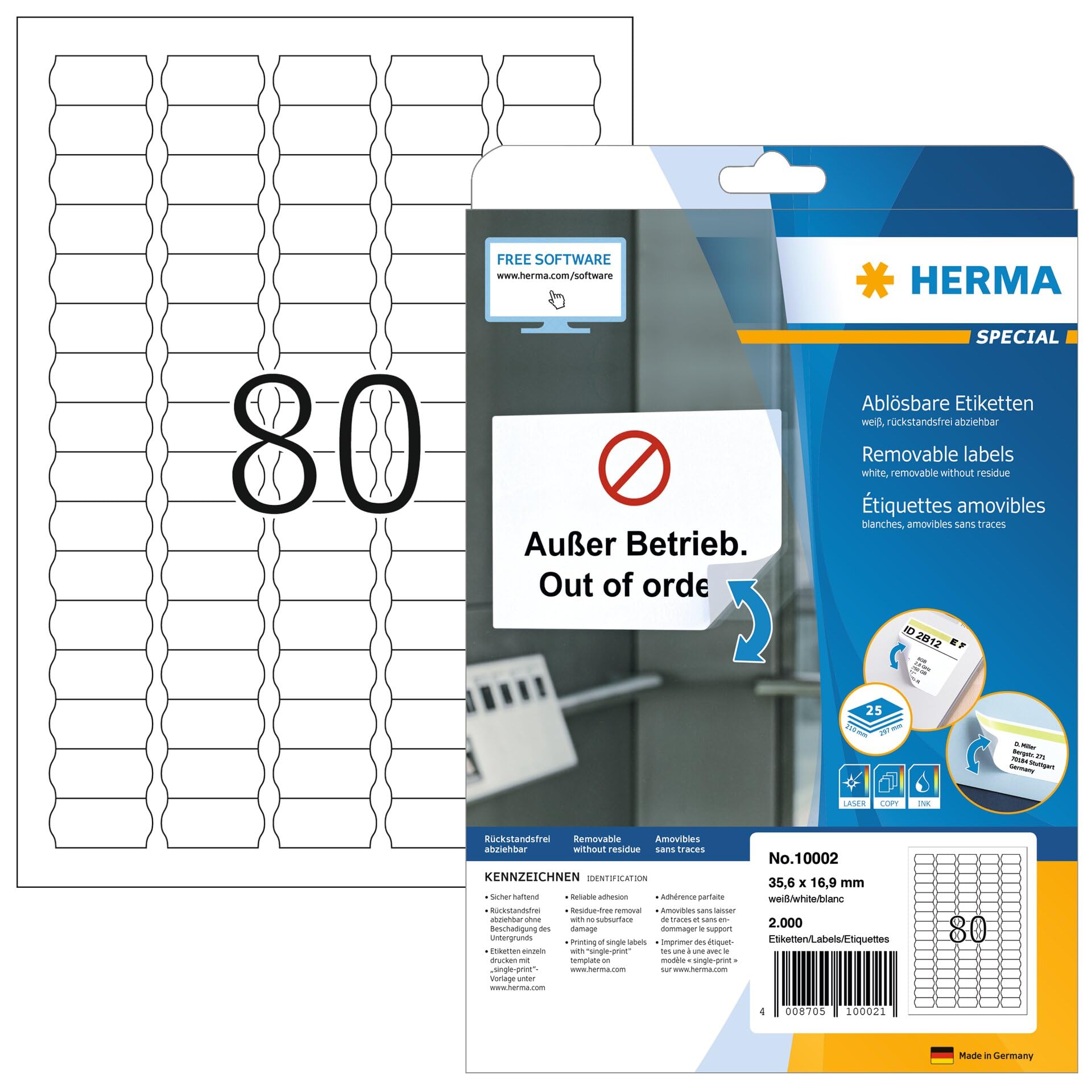 HERMA Self Adhesive Price Labels, 80 Labels per A4 Sheet, 25 Sheets, 35.6 x 16.9 mm, 2000 Labels, Blank Removable Pricing Labels Stickers, Sticky Labels for Laser & Inkjet Printer, White
