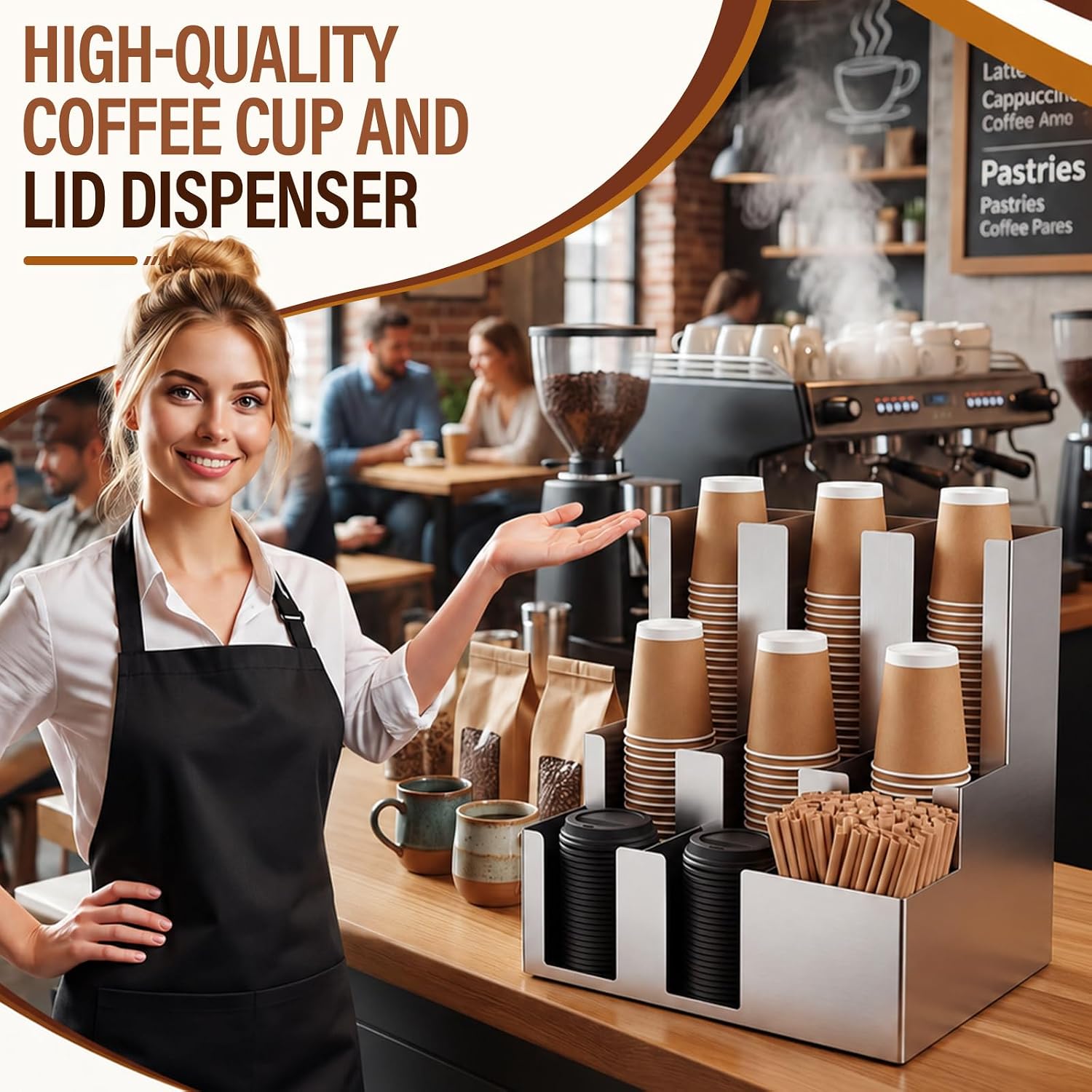 9 Compartment Stainless Steel Vertical Coffee Cup and Lid Dispenser