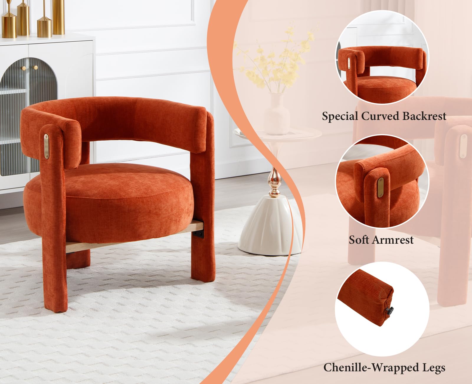 Ya-Home Fauteuil Salon en Bois Fauteuils Confortable avec Coussins Epais Fauteuil en Chenille pour Chambre/Salon, Orange