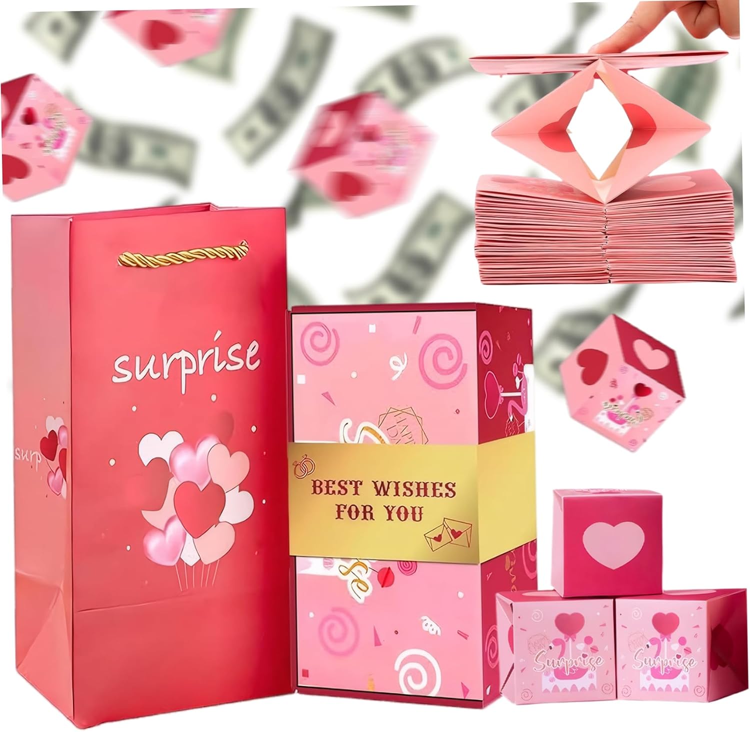 Christmas Decorations, Surprise Gift Box Explosion for Money, Foldable Explosion Gift Box with 10 Bounce Box and Gift Bag, Red Envelope Cash Gift Box Can Put into Money