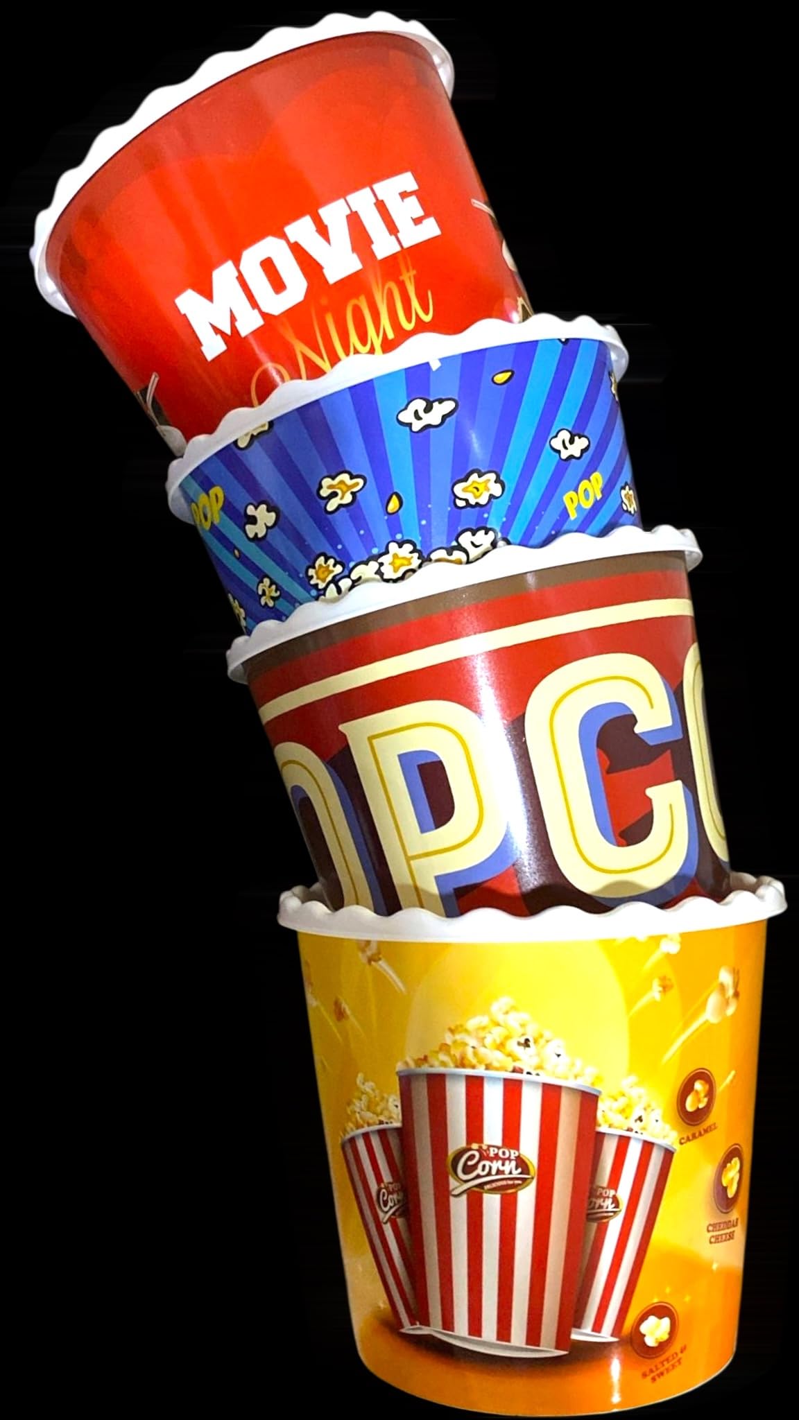 Juego de caja de plástico reutilizable para palomitas de maíz, recipientes para palomitas de maíz, cuencos para noche de cine (sin BPA, paquete de 4, 75 onzas), mezcla de palomitas de maíz