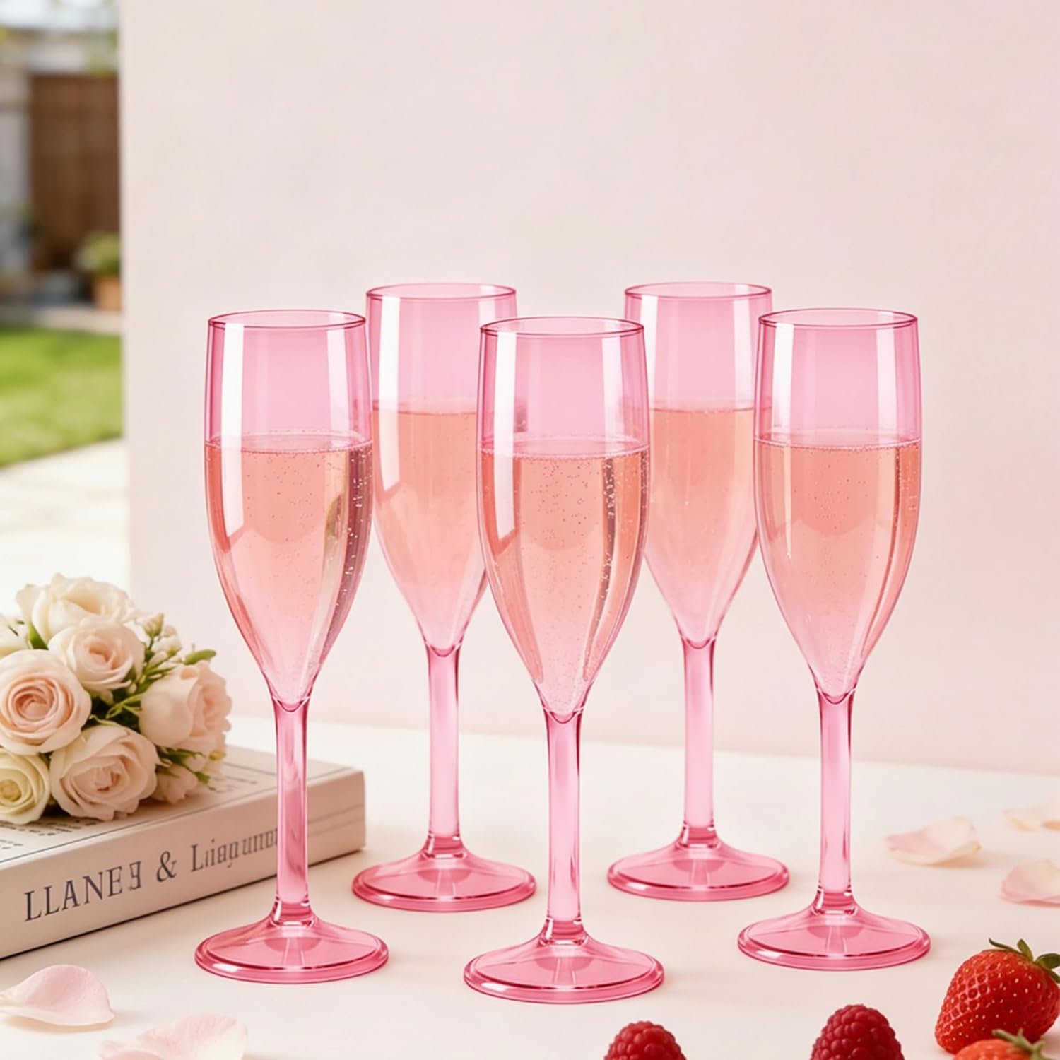 Champagne Flutes, Reusable Plastic Champagne Glasses for Wedding, Unbreakable Wine Glasses for Party Mimosa Bar Anniversary Bridal Shower Mother's Day (24, Pink)